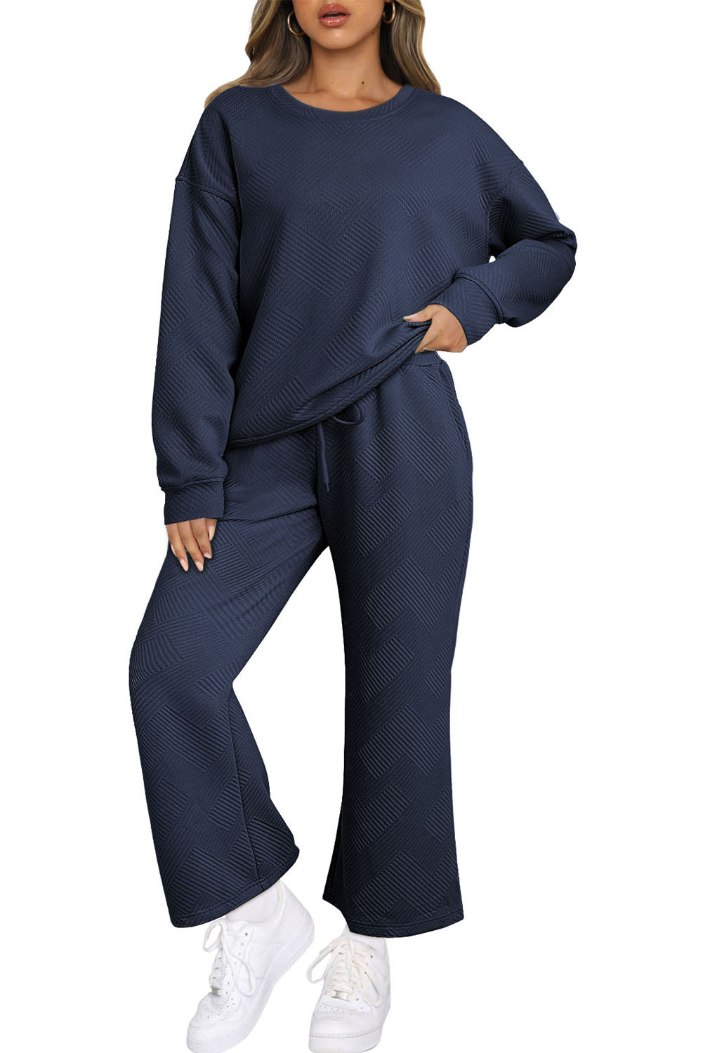 Textured Loose Slouchy Long Sleeve Top and Pants Set