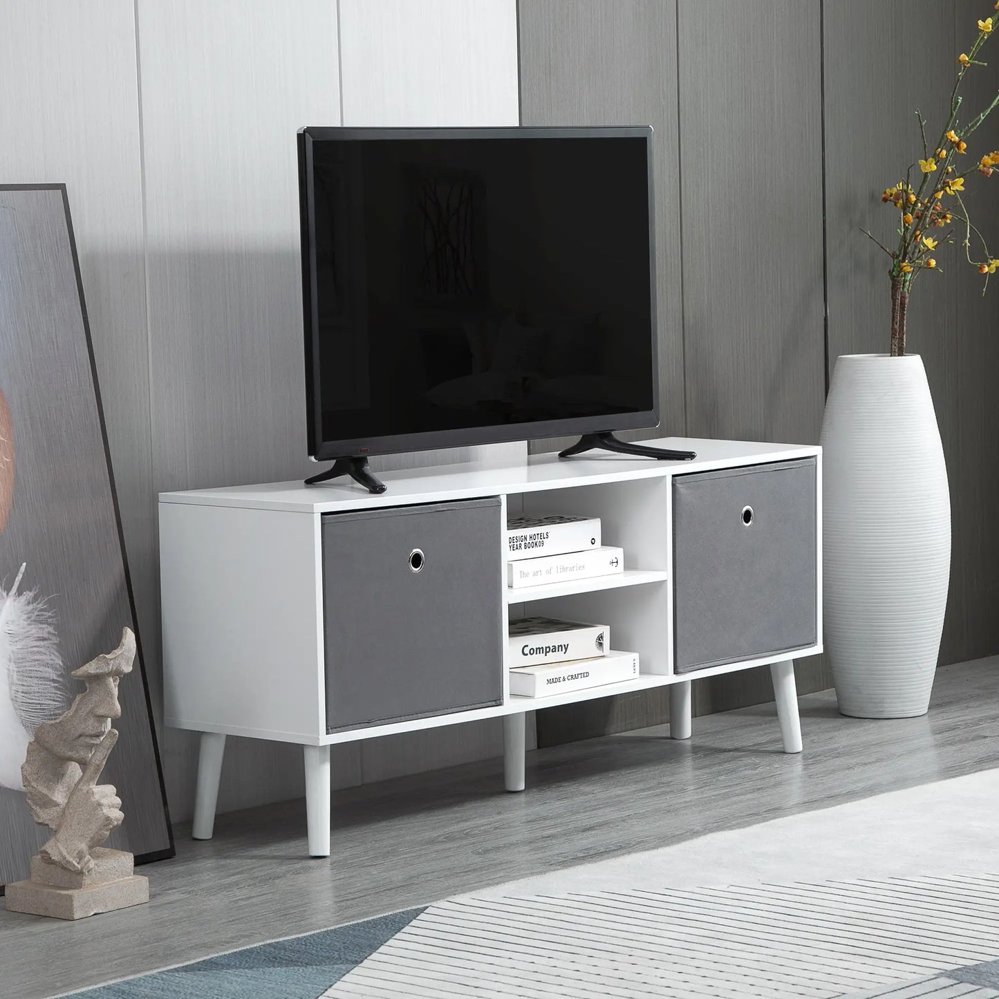 White TV Cabinet Stand Unit for TVs up to 50'' with Foldable Drawers,