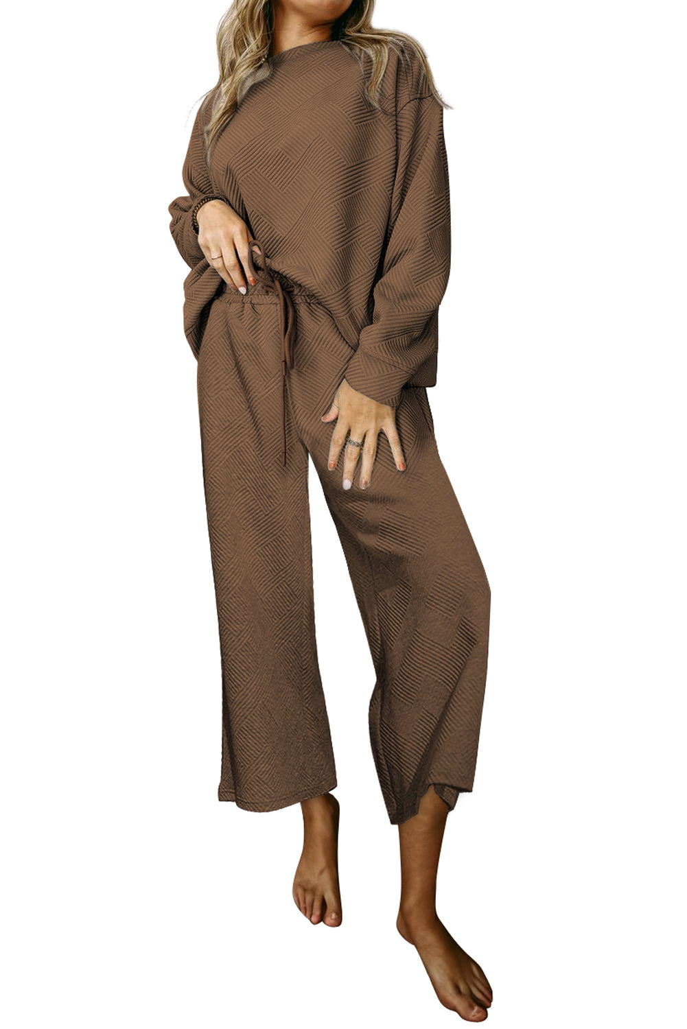 Textured Loose Slouchy Long Sleeve Top and Pants Set