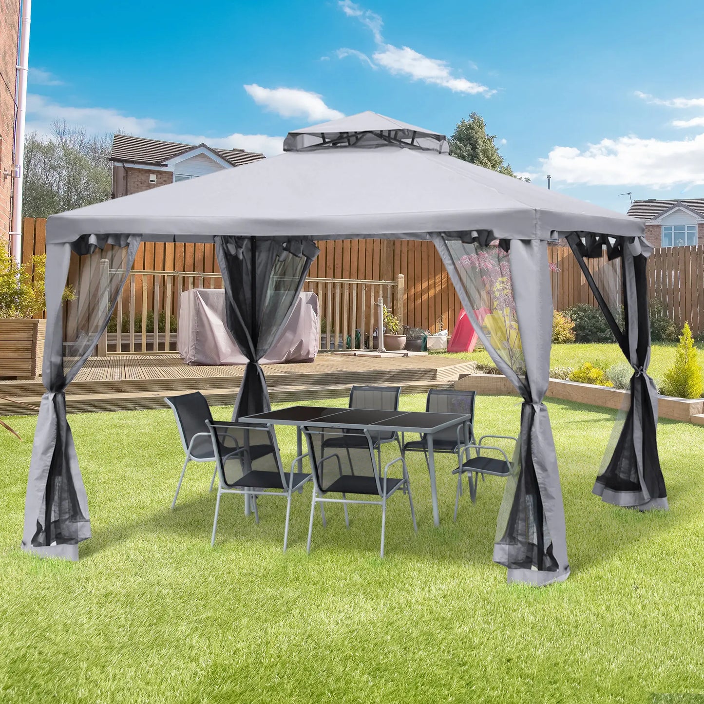 3 x 3 m Metal Gazebo with Double Roof and Mesh Sidewalls - Grey