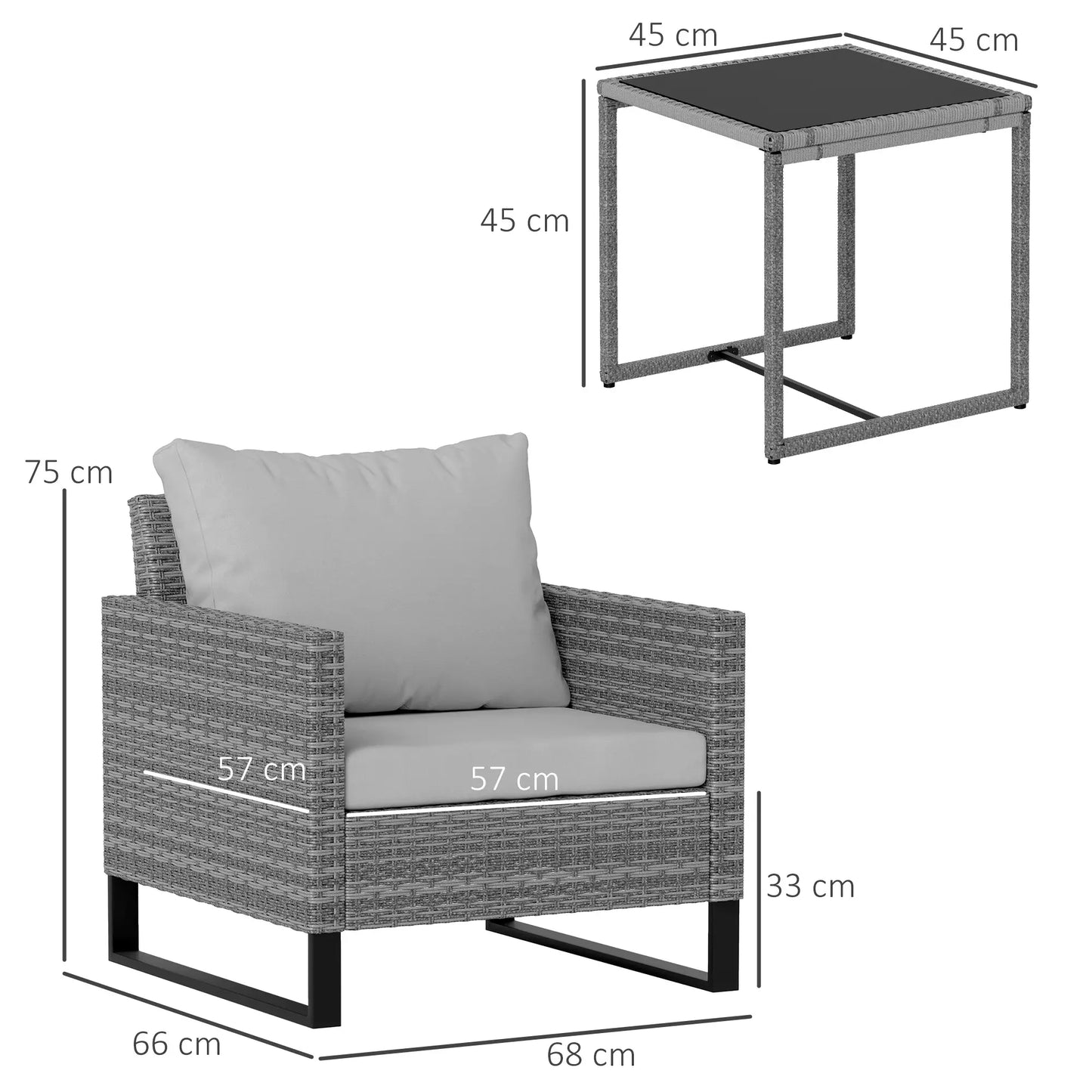 3 Piece Rattan Bistro Set with 4 Cushions - Grey