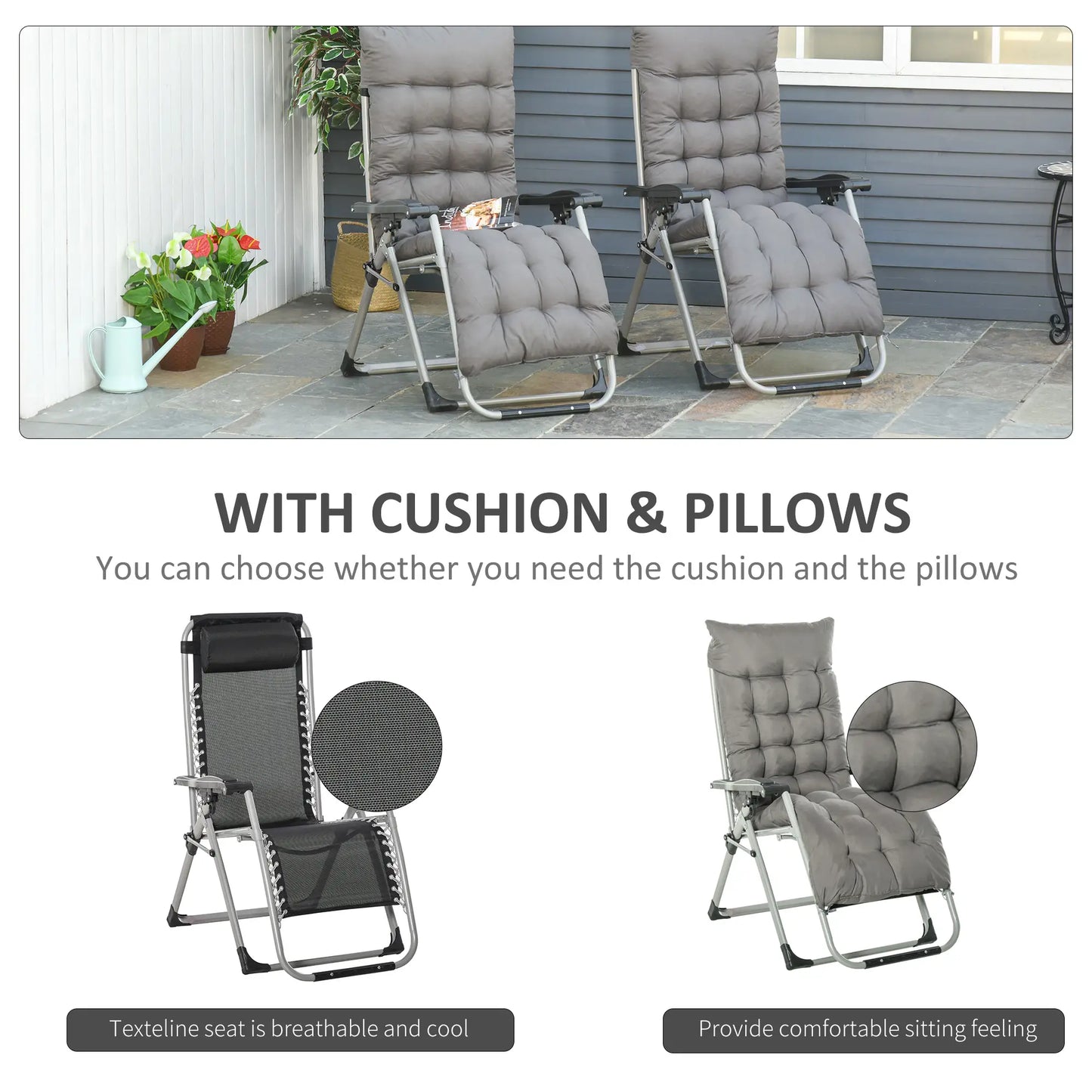 2-Piece Zero Gravity Reclining Garden Chairs with Cushions & Headrests – Folding Sun Loungers - Dark Grey