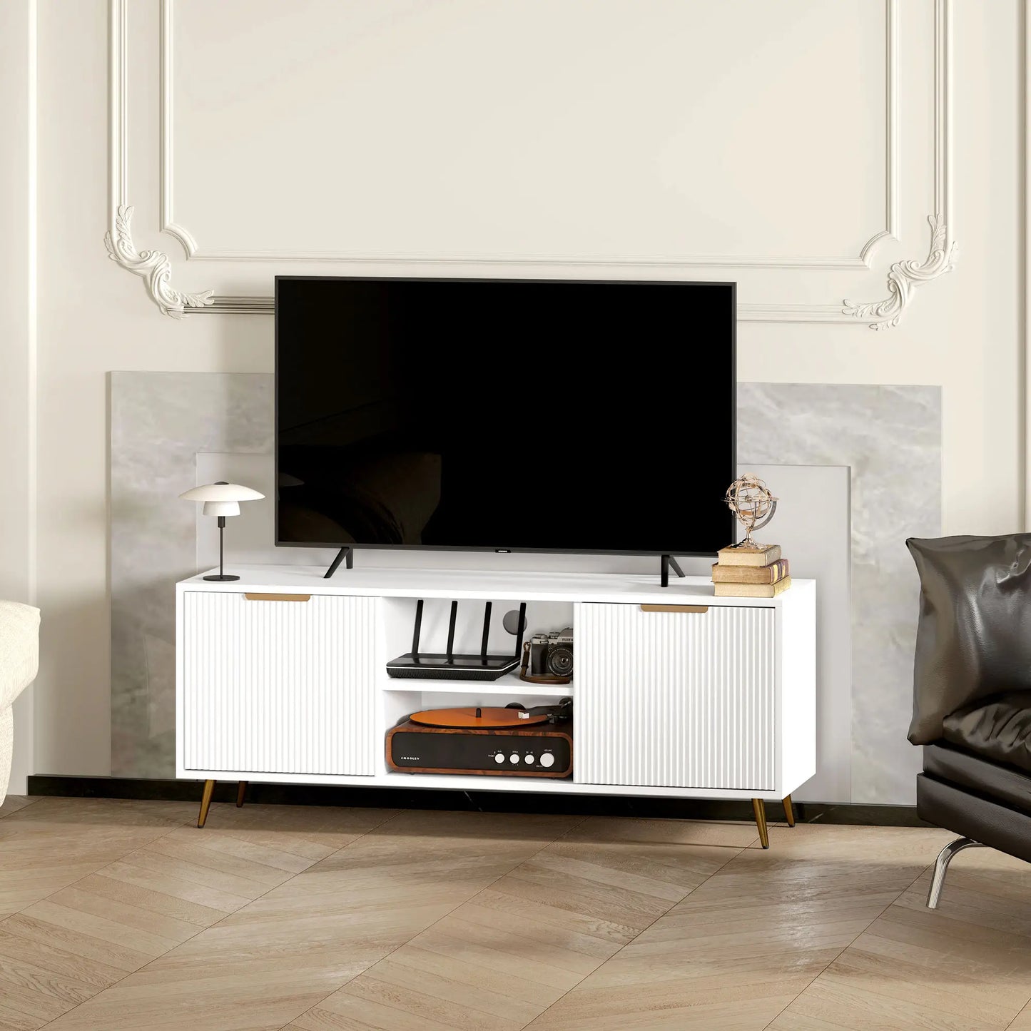 White Modern TV Stand Cabinet for TVs up to 55", TV Unit with 2 Open Shelves and 2 Cabinets