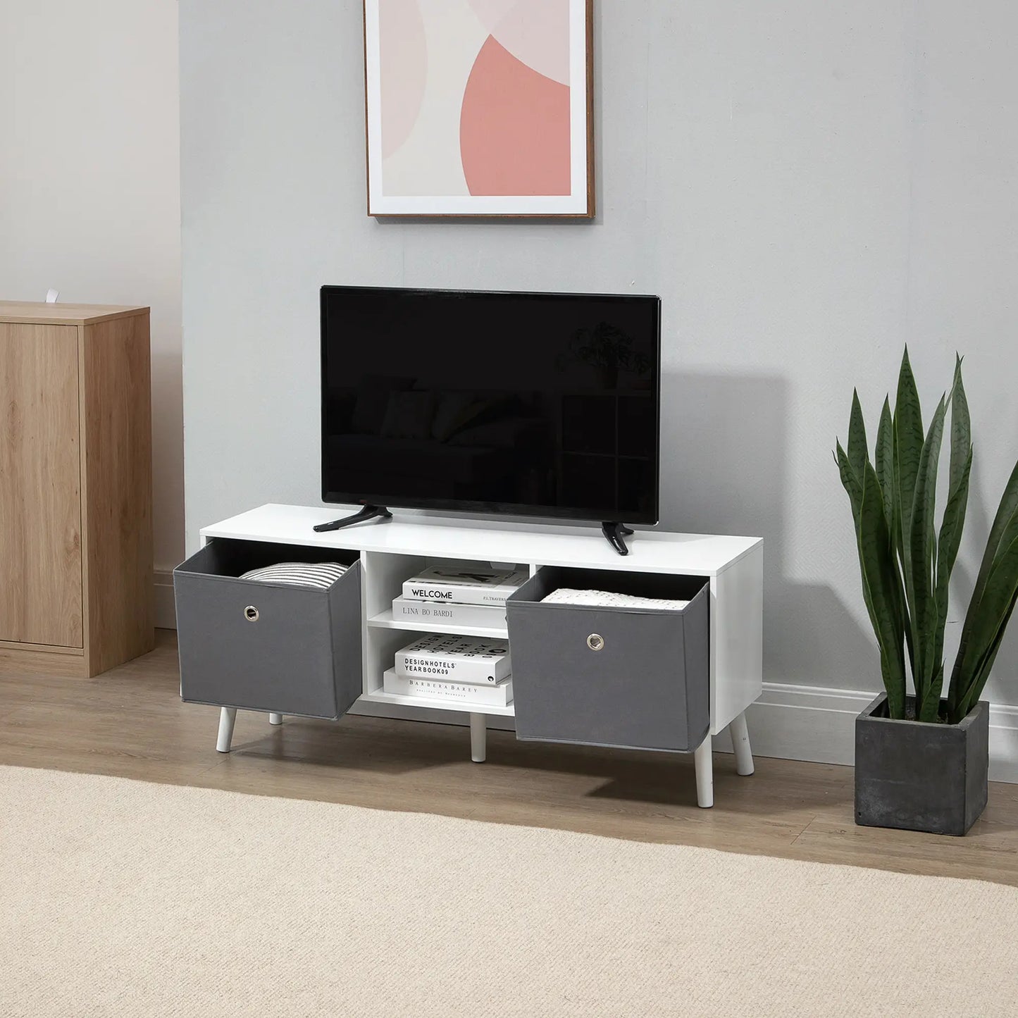 White TV Cabinet Stand Unit for TVs up to 50'' with Foldable Drawers,