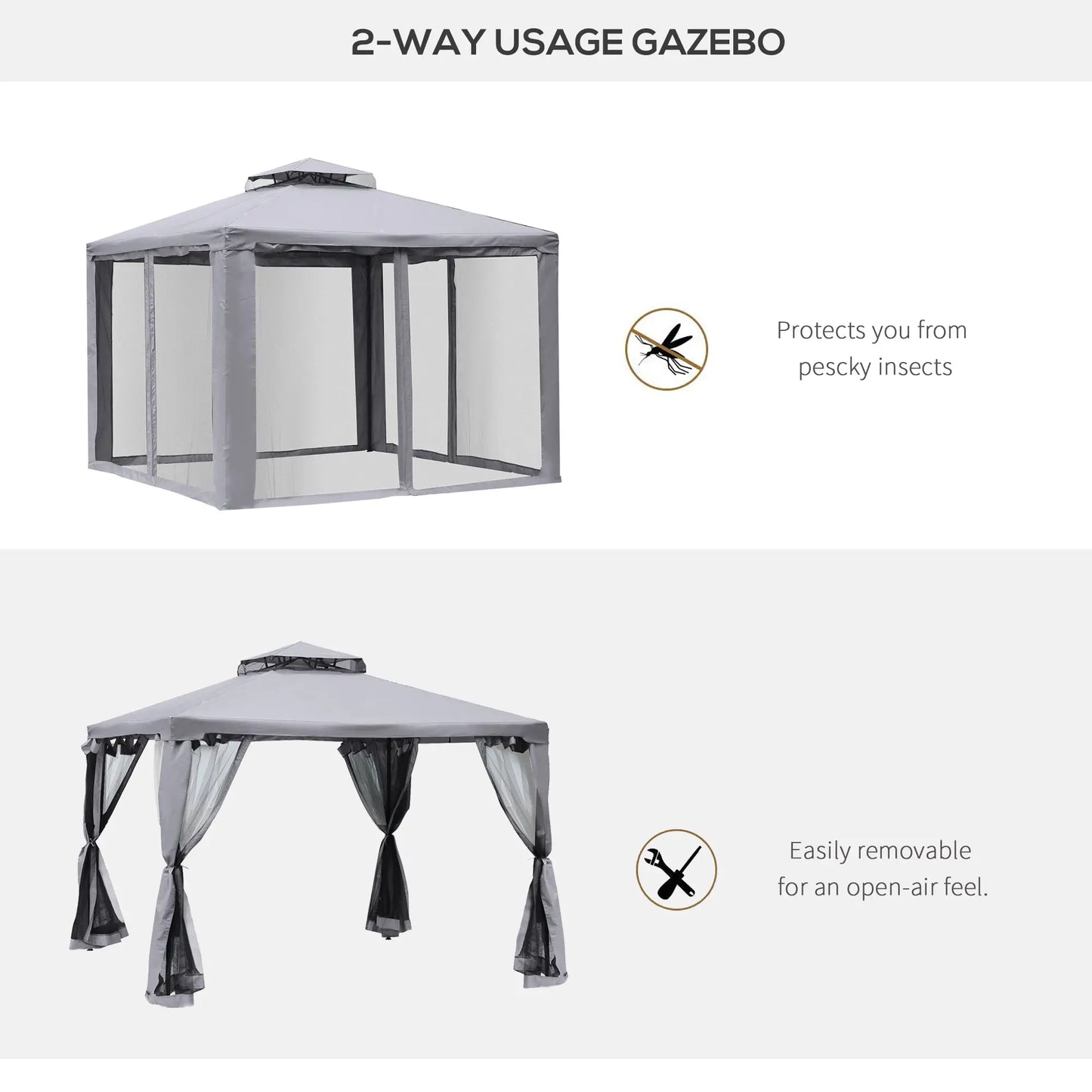 3 x 3 m Metal Gazebo with Double Roof and Mesh Sidewalls - Grey