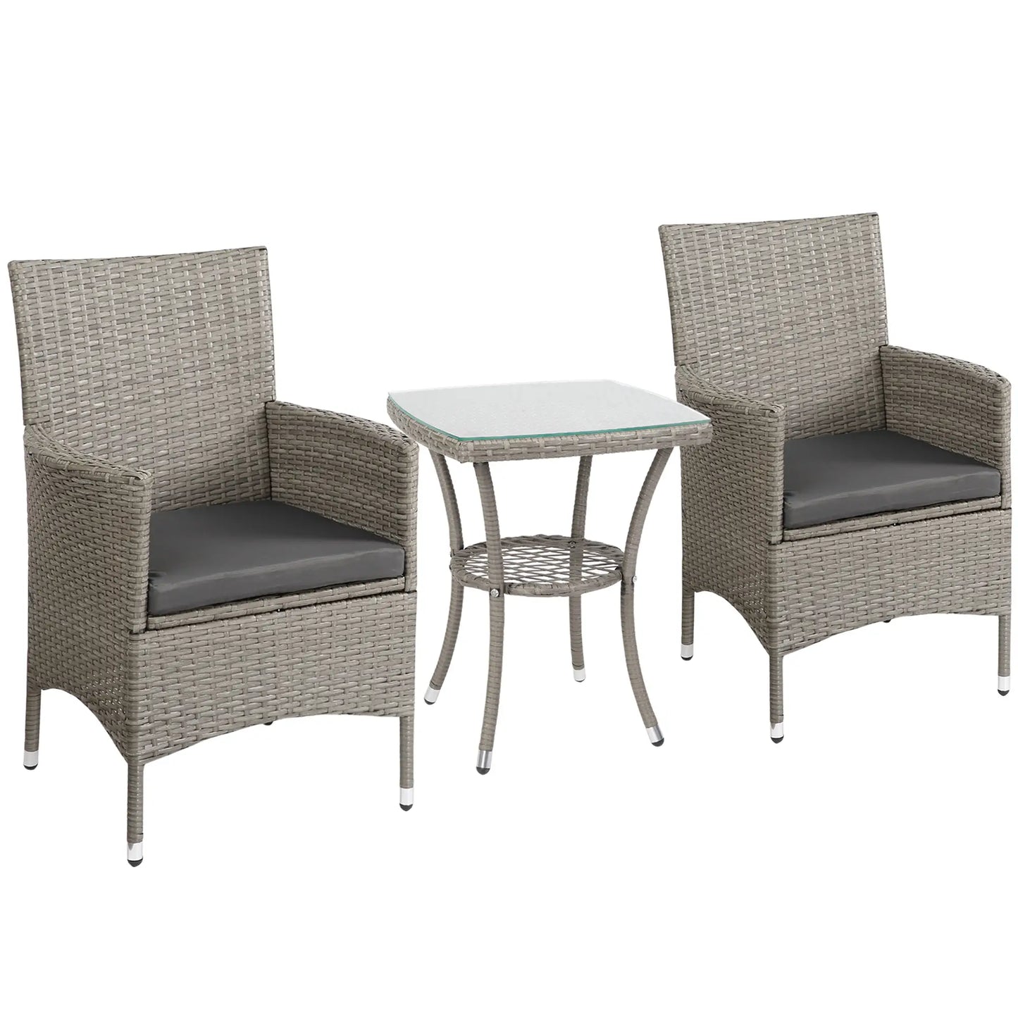 3-Piece Grey Rattan Bistro Set – Outdoor Chairs with Cushions & Glass-Top Coffee Table