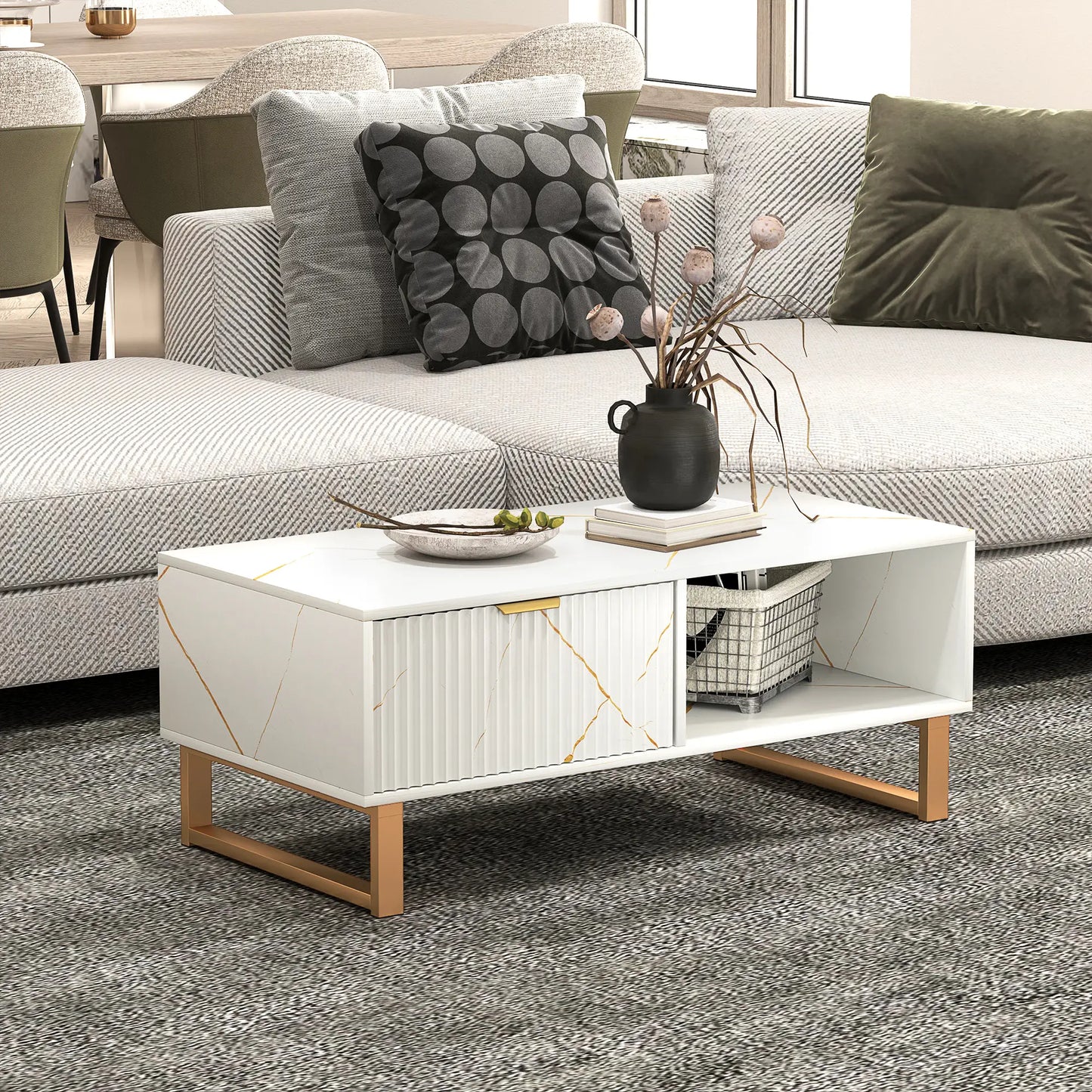 Elegant Marble Effect Storage Coffee Table - White