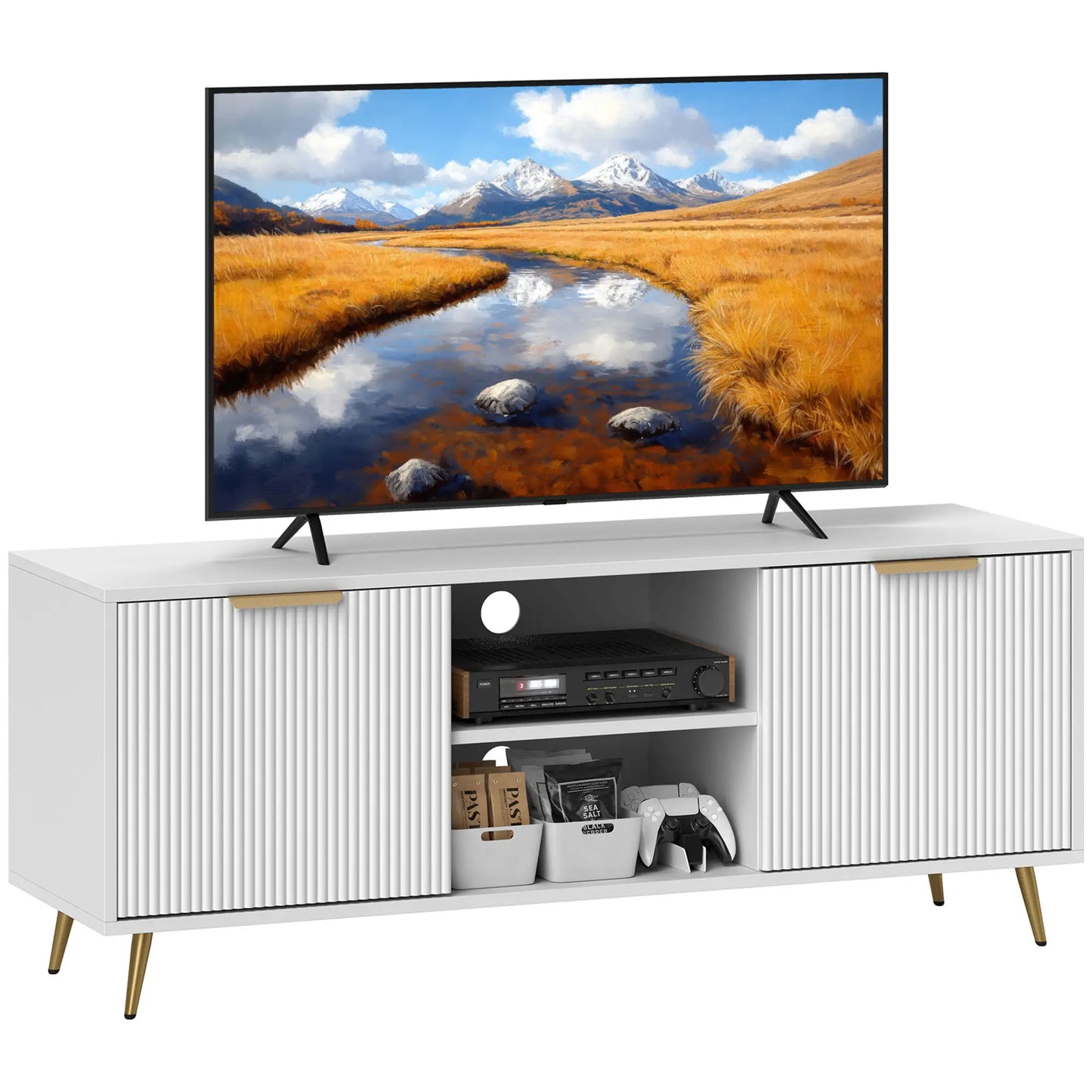 White Modern TV Stand Cabinet for TVs up to 55", TV Unit with 2 Open Shelves and 2 Cabinets