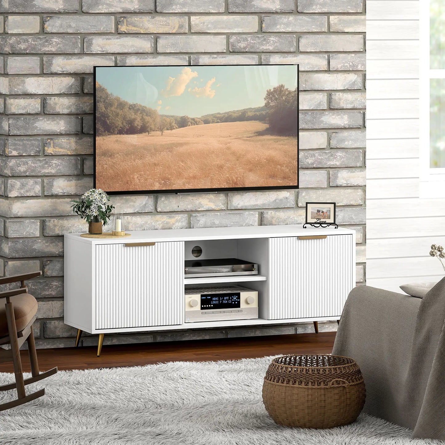White Modern TV Stand Cabinet for TVs up to 55", TV Unit with 2 Open Shelves and 2 Cabinets