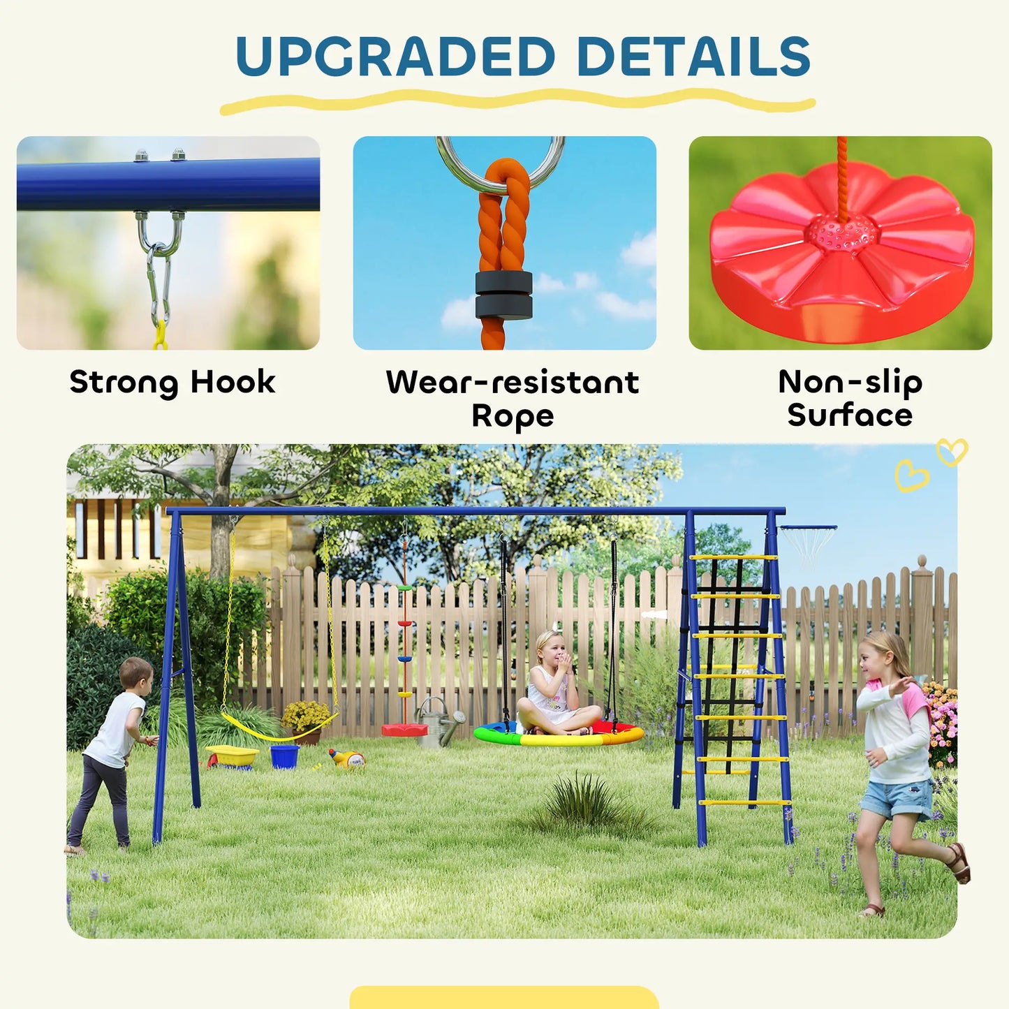 6 in 1 Metal Kids Swing Set with 3 Swings, Climbing Ladder & Net, Basketball Hoop, for Ages 3-8
