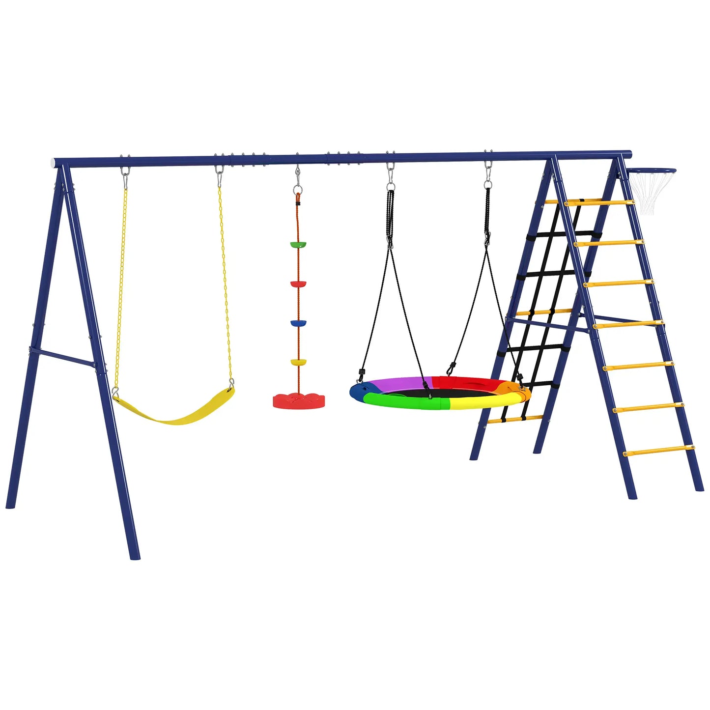 6 in 1 Metal Kids Swing Set with 3 Swings, Climbing Ladder & Net, Basketball Hoop, for Ages 3-8