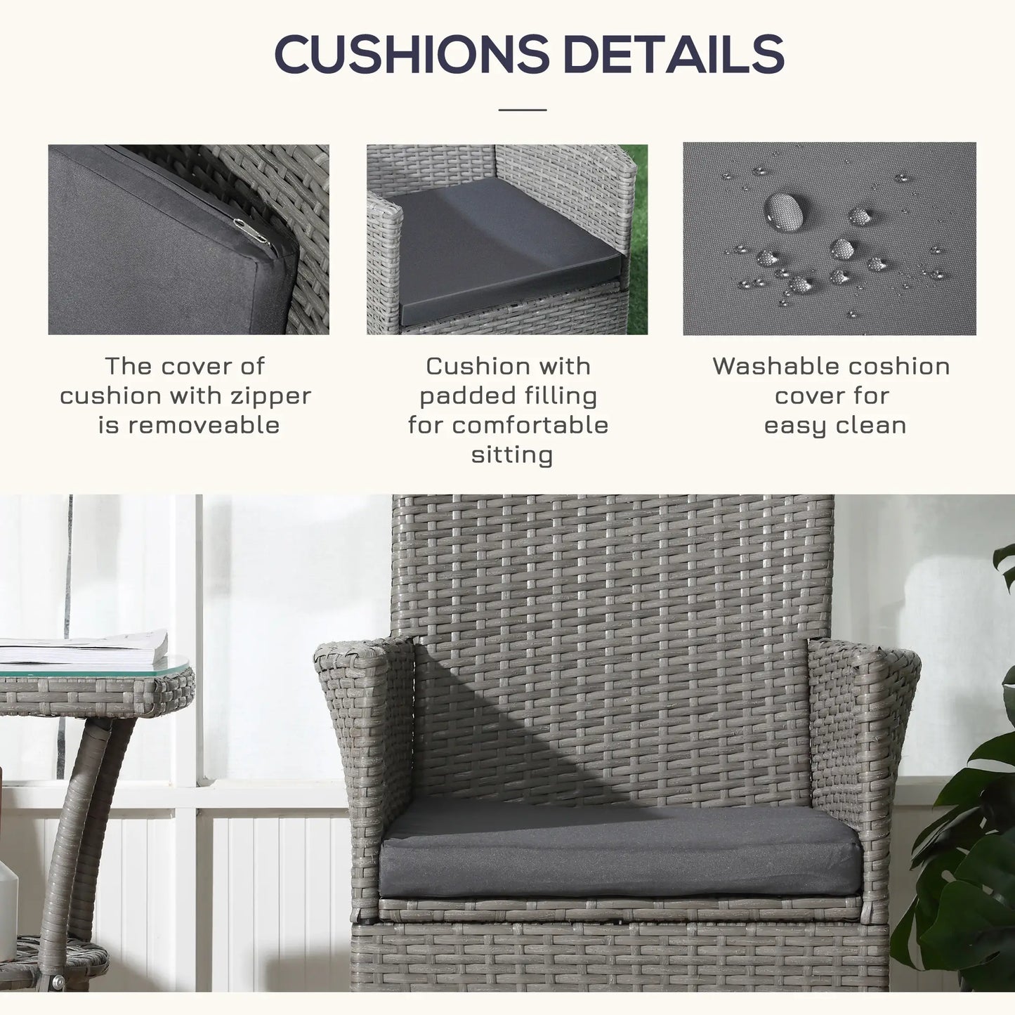 3-Piece Grey Rattan Bistro Set – Outdoor Chairs with Cushions & Glass-Top Coffee Table