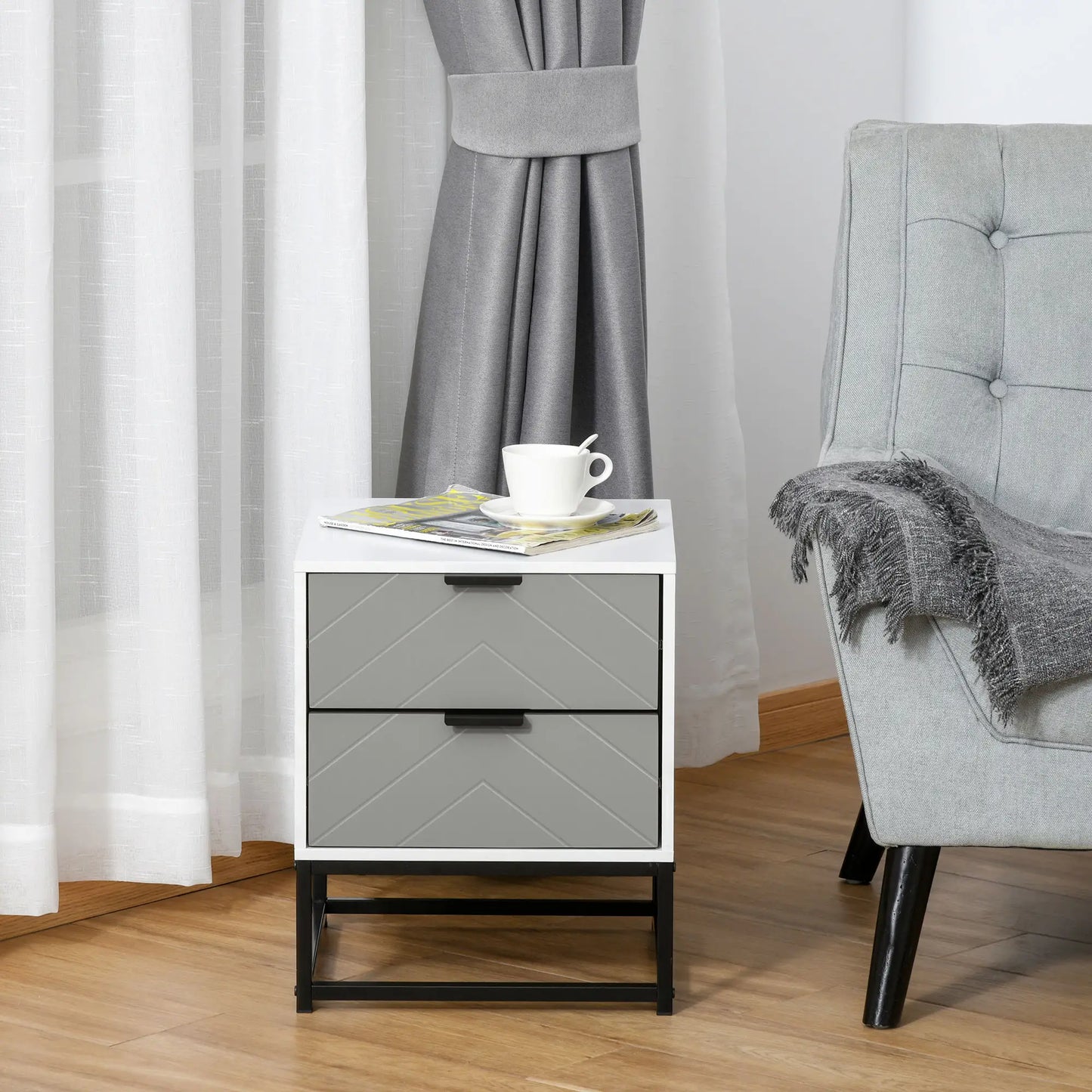 Bedside Cabinet with 2 Drawers - White, Grey, Black