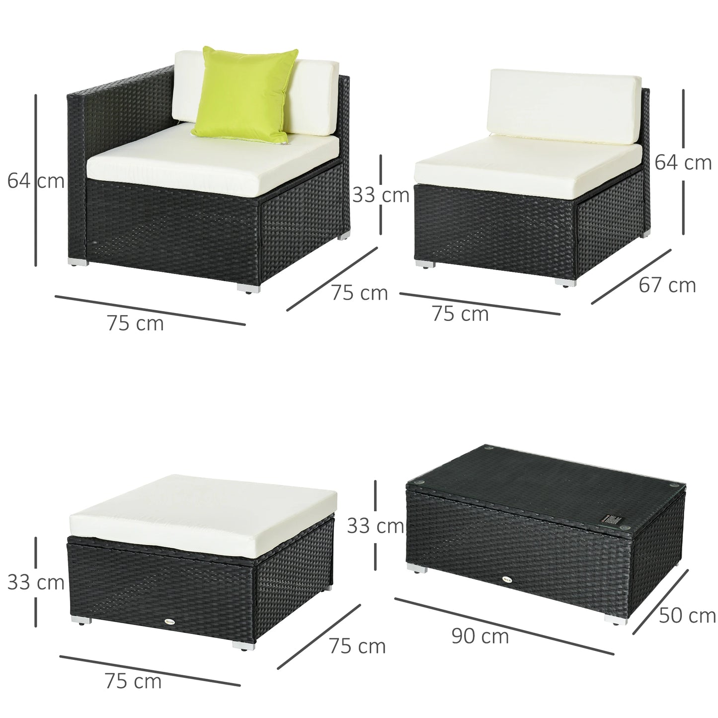 4-Seater Rattan Sofa Set Set with Cushions - Black