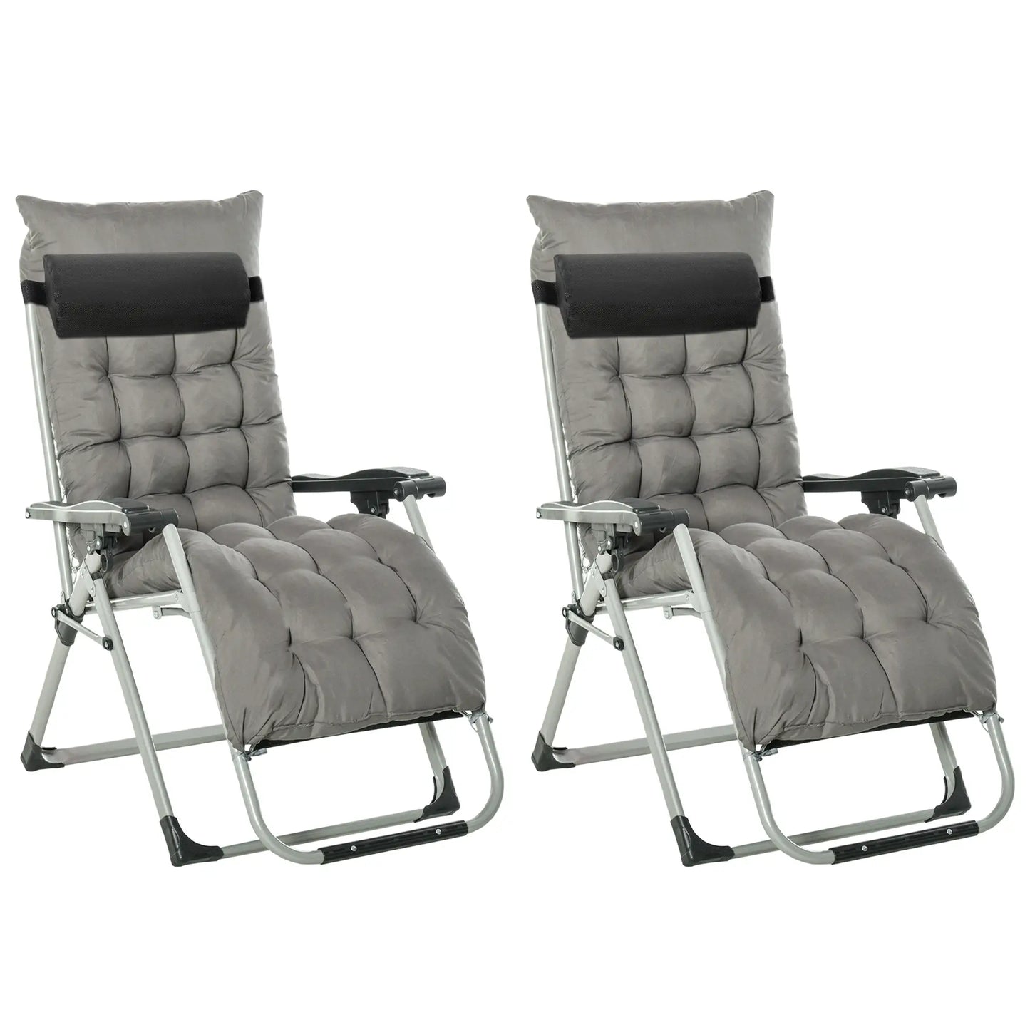 2-Piece Zero Gravity Reclining Garden Chairs with Cushions & Headrests – Folding Sun Loungers - Dark Grey