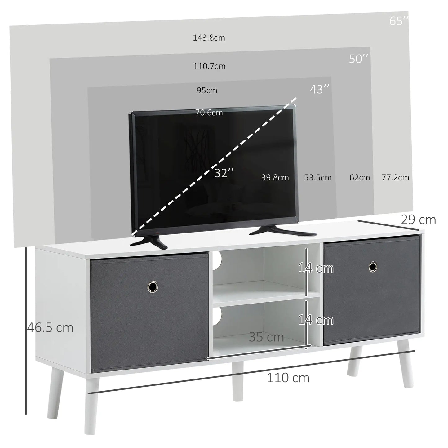 White TV Cabinet Stand Unit for TVs up to 50'' with Foldable Drawers,