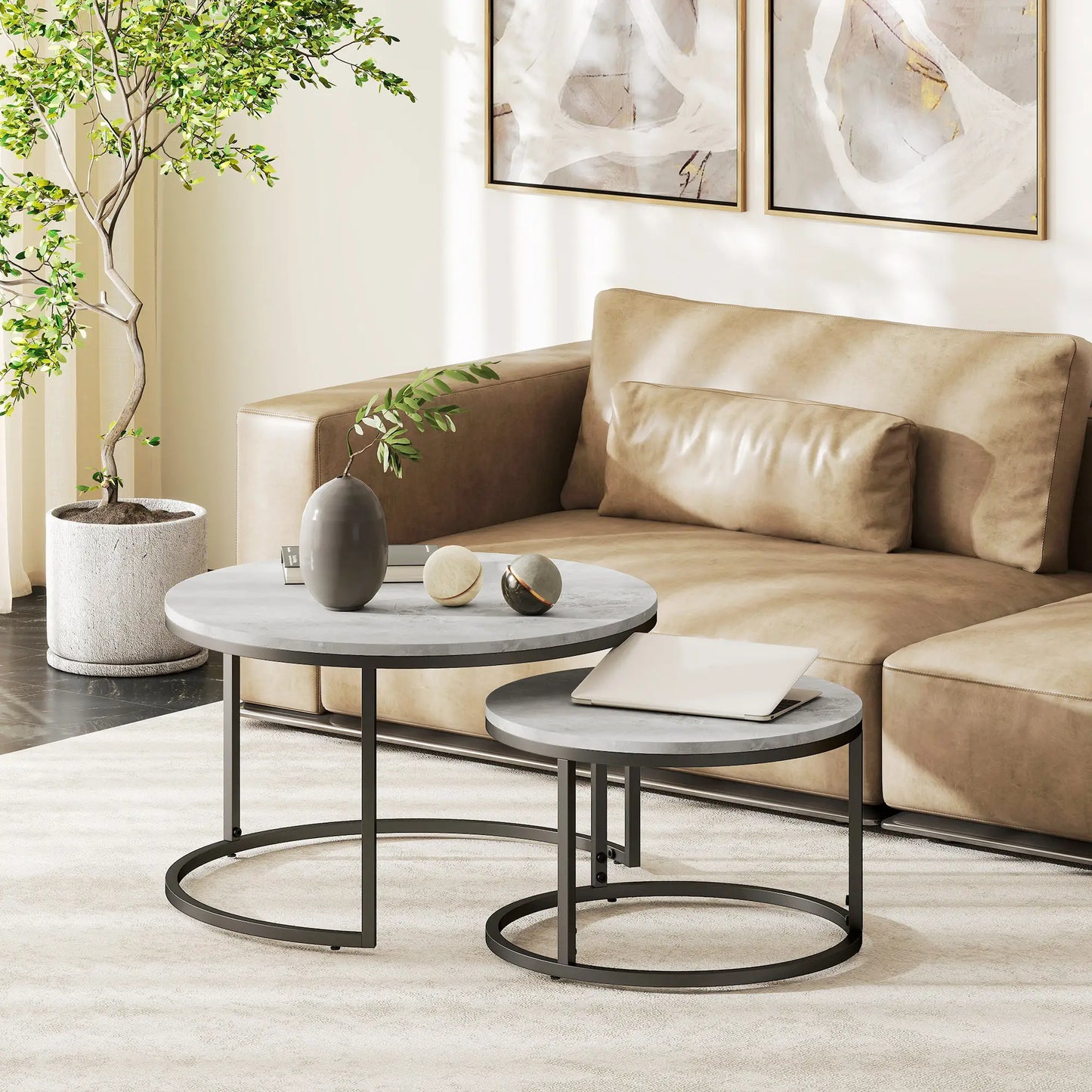 Set of Two Marble-Effect Stacking Tables - Wood Grey
