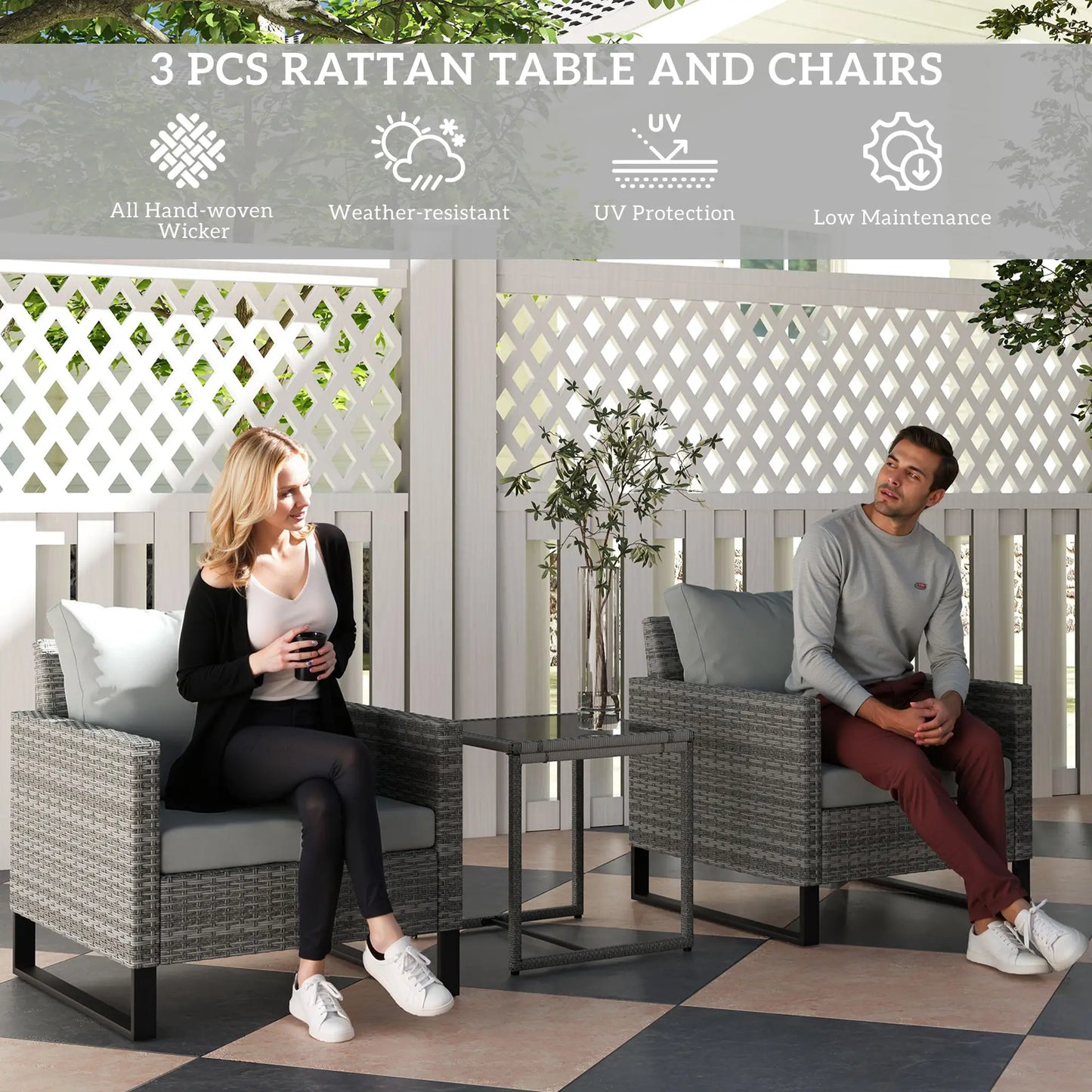 3 Piece Rattan Bistro Set with 4 Cushions - Grey