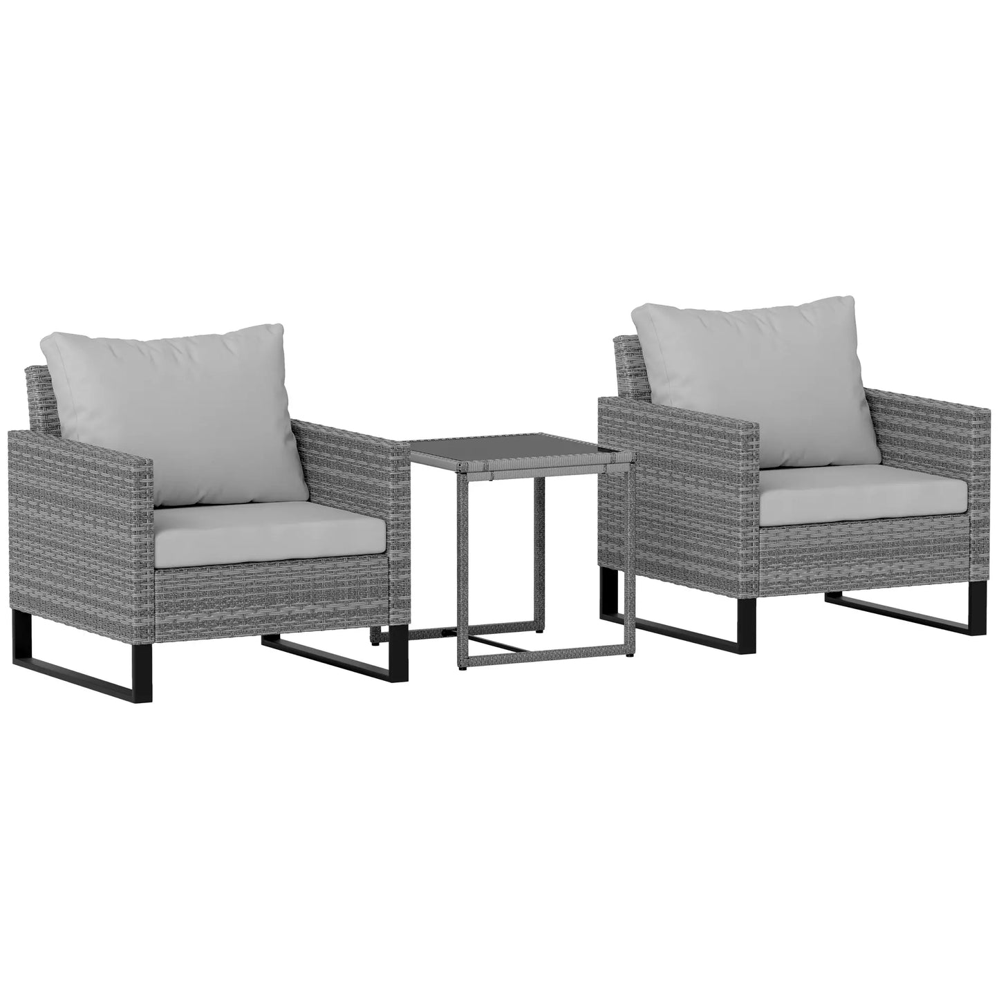 3 Piece Rattan Bistro Set with 4 Cushions - Grey