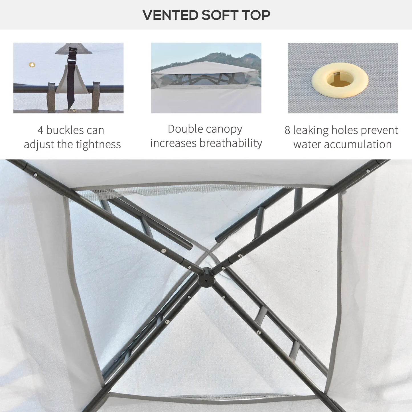 3 x 3 m Metal Gazebo with Double Roof and Mesh Sidewalls - Grey