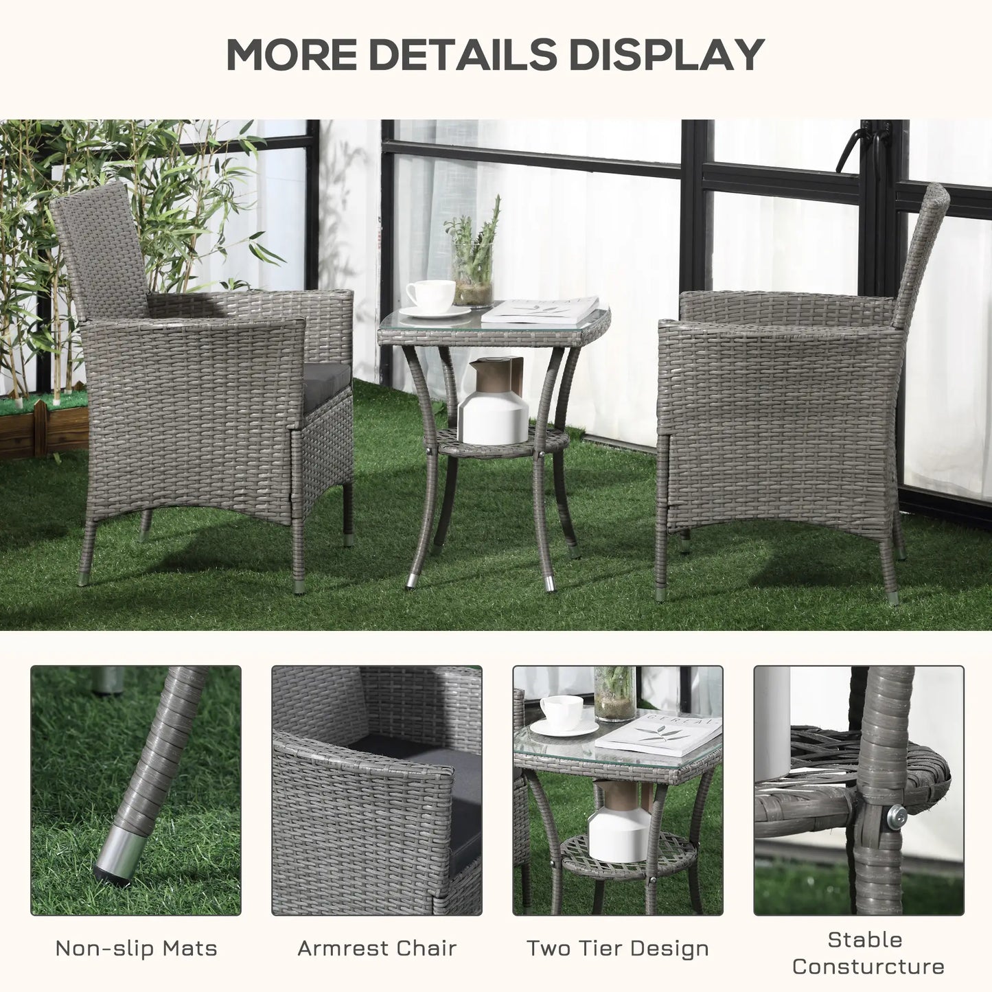 3-Piece Grey Rattan Bistro Set – Outdoor Chairs with Cushions & Glass-Top Coffee Table