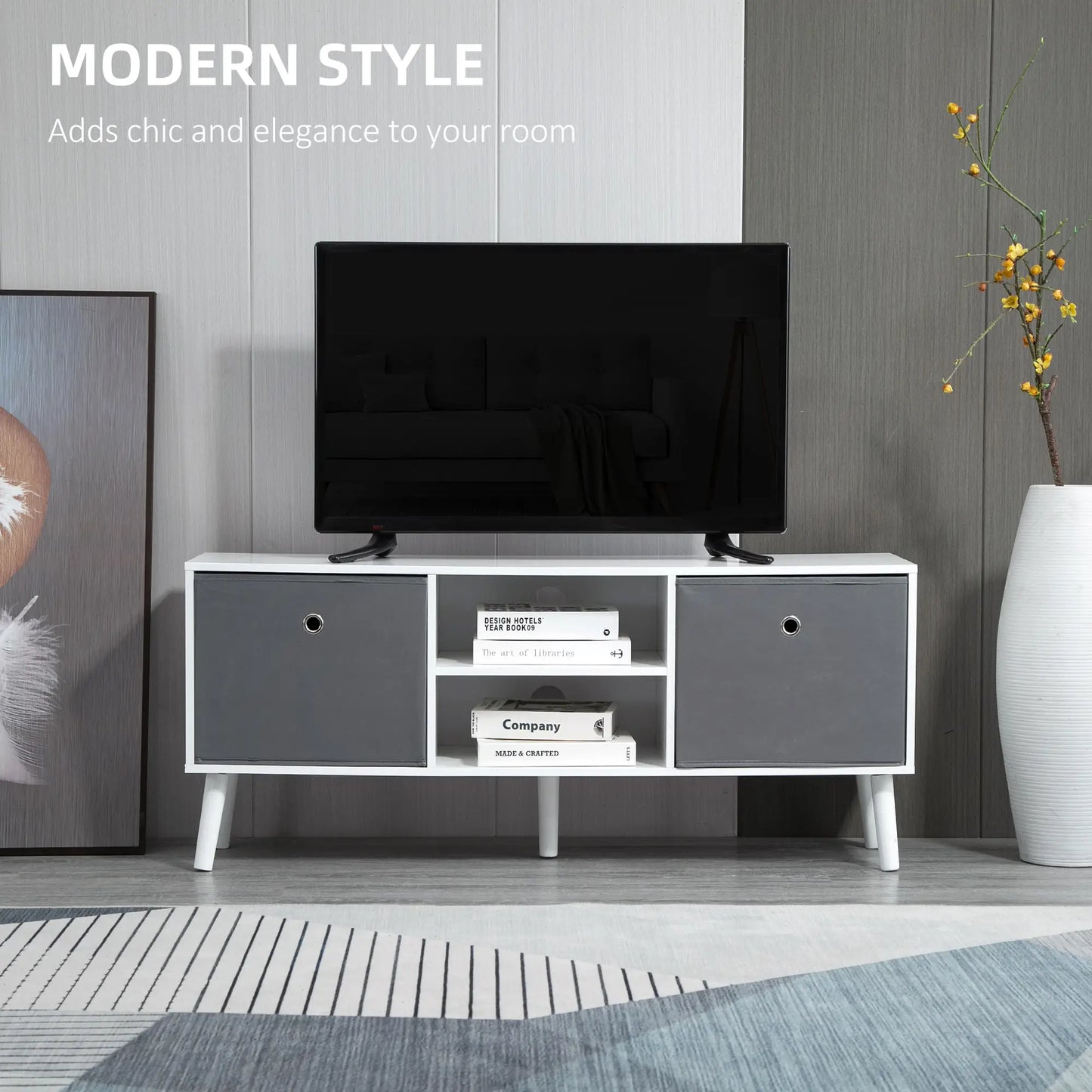 White TV Cabinet Stand Unit for TVs up to 50'' with Foldable Drawers,
