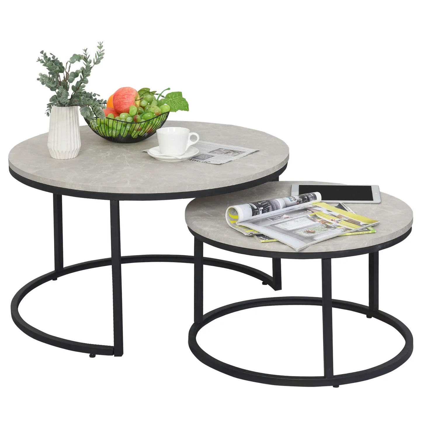Set of Two Marble-Effect Stacking Tables - Wood Grey