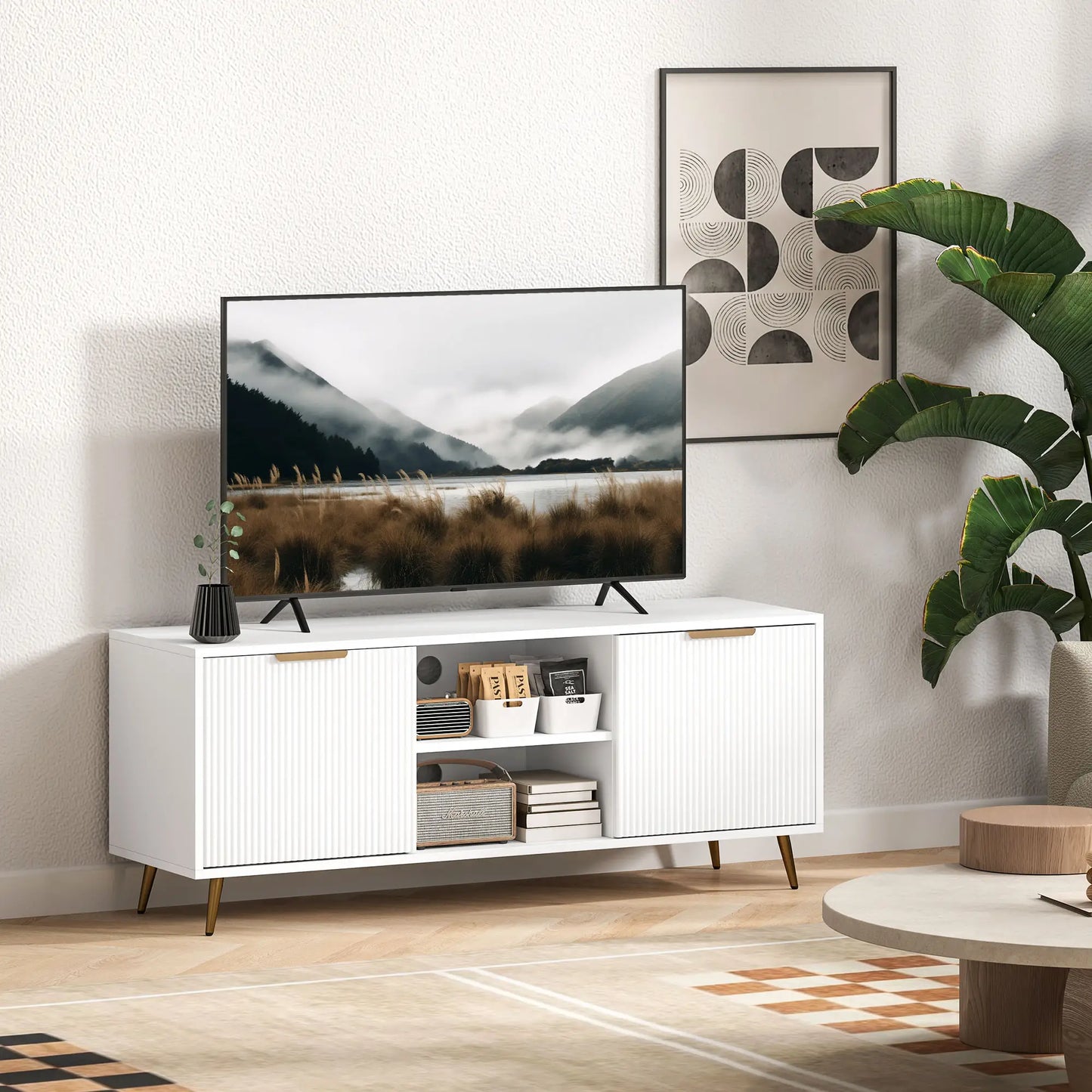 White Modern TV Stand Cabinet for TVs up to 55", TV Unit with 2 Open Shelves and 2 Cabinets