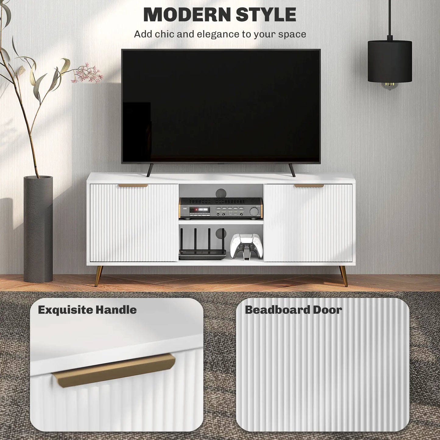 White Modern TV Stand Cabinet for TVs up to 55", TV Unit with 2 Open Shelves and 2 Cabinets