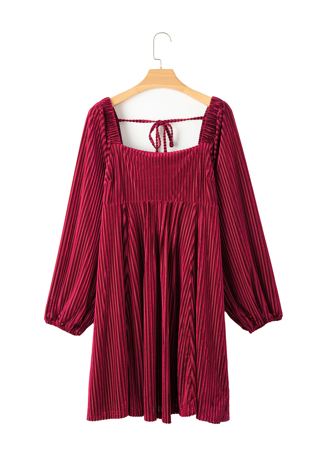 Square Neck Tie Back Ribbed Velvet Babydoll Dress