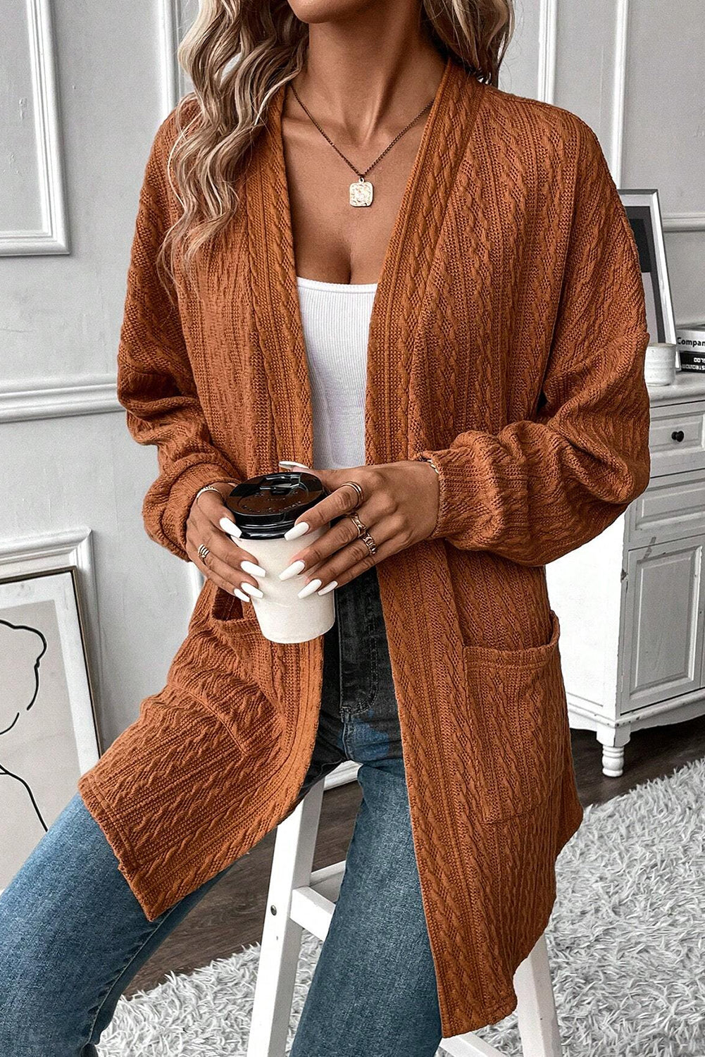 Canton Textured Knit Side Pockets Open Front Cardigan