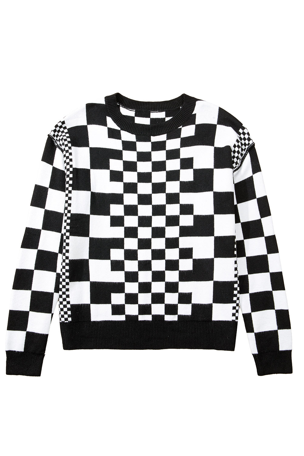 Checkered Drop Shoulder Round Neck Sweater