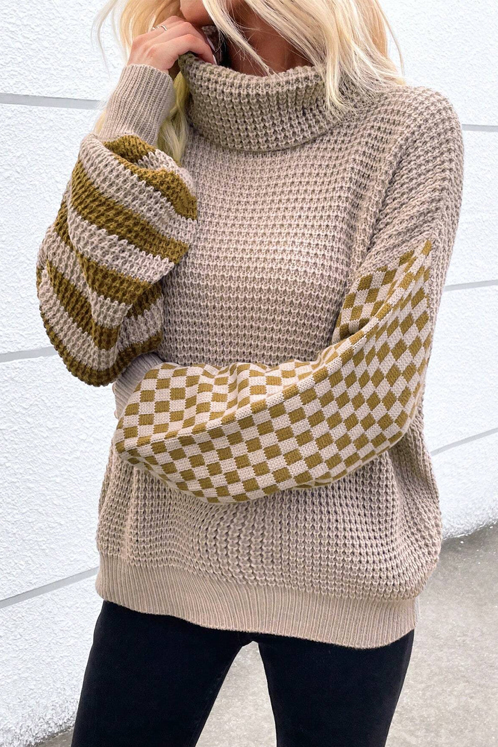 Smoke Striped Plaid Patchwork Waffle Knit Turtleneck Sweater