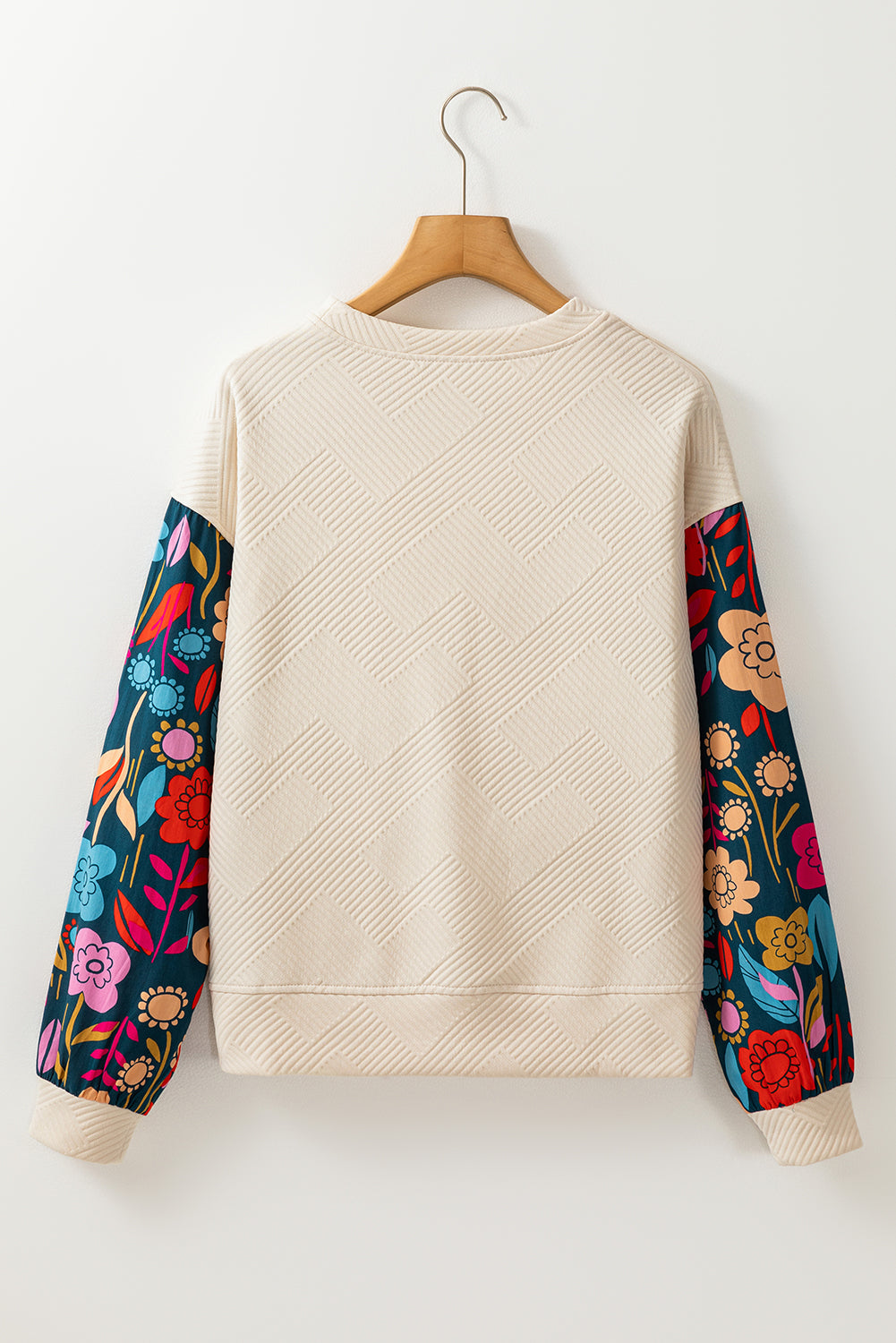 White Vintage Flower Patchwork Sleeve Textured Top