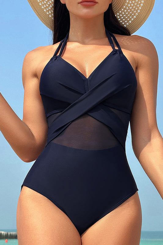 Navy Blue Halter Mesh Insert Cross Front One Piece Swimsuit