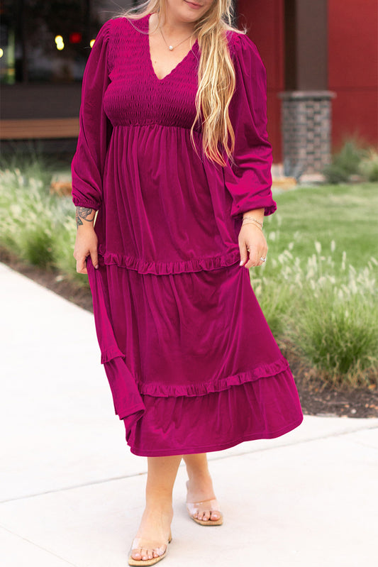 Rose Red Smocked V Neck Tiered Ruffle Velvet Plus Size Maxi Dress