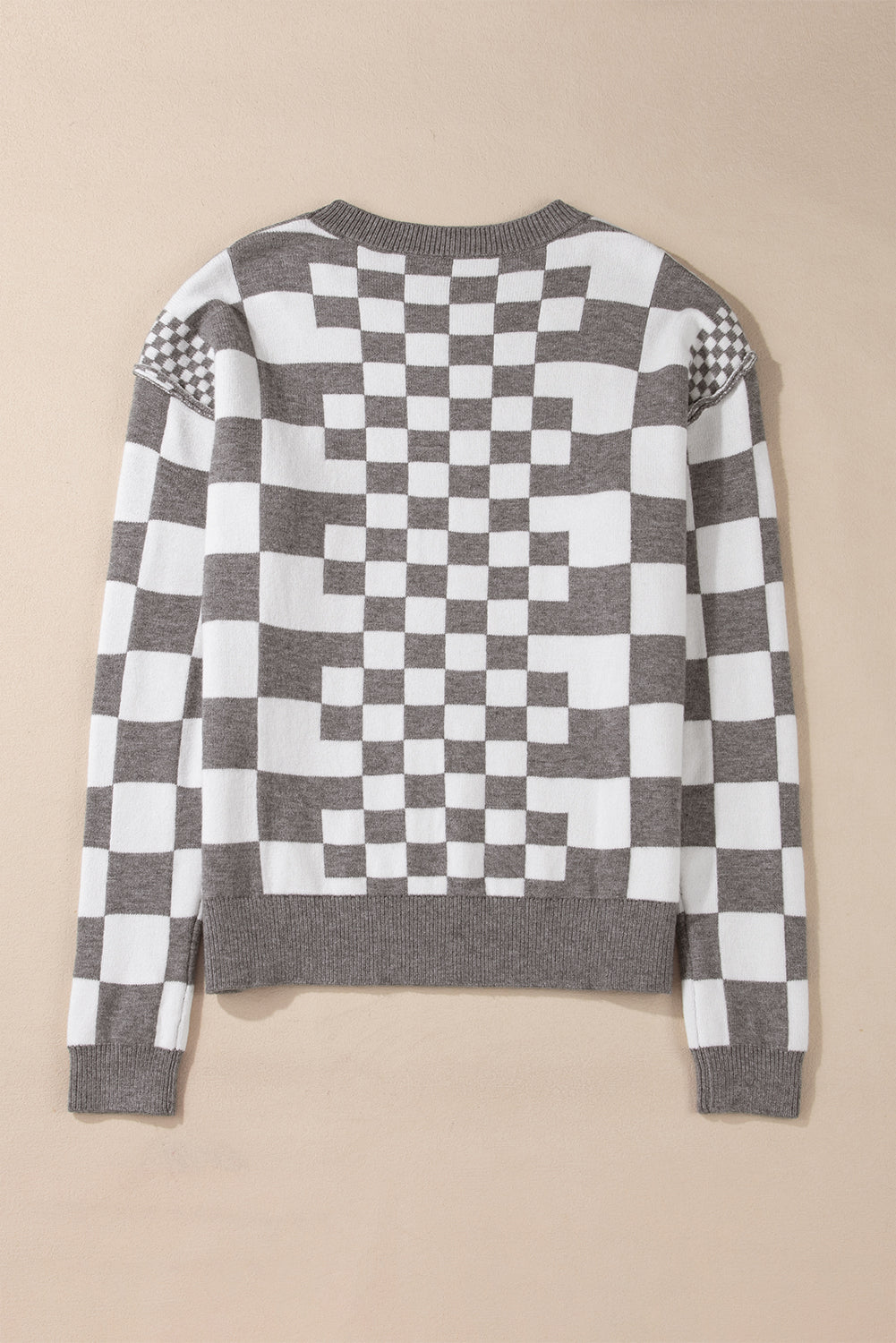 Checkered Drop Shoulder Round Neck Sweater