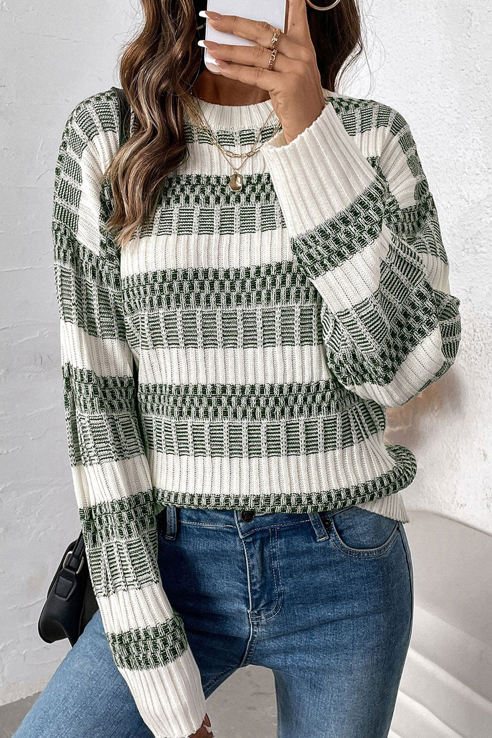 Blackish Green Casual Striped Clashing Sweater