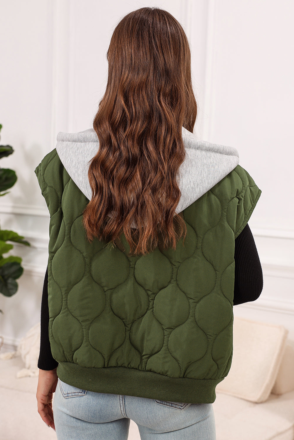 Quilted Drawstring Hooded Zip Up Puffer Vest