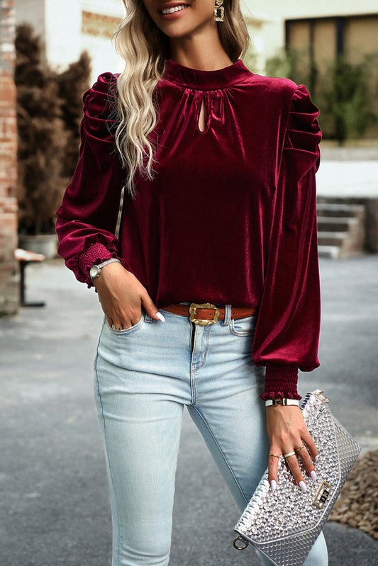 Mock Keyhole Neck Puff Sleeve Velvet Blouse