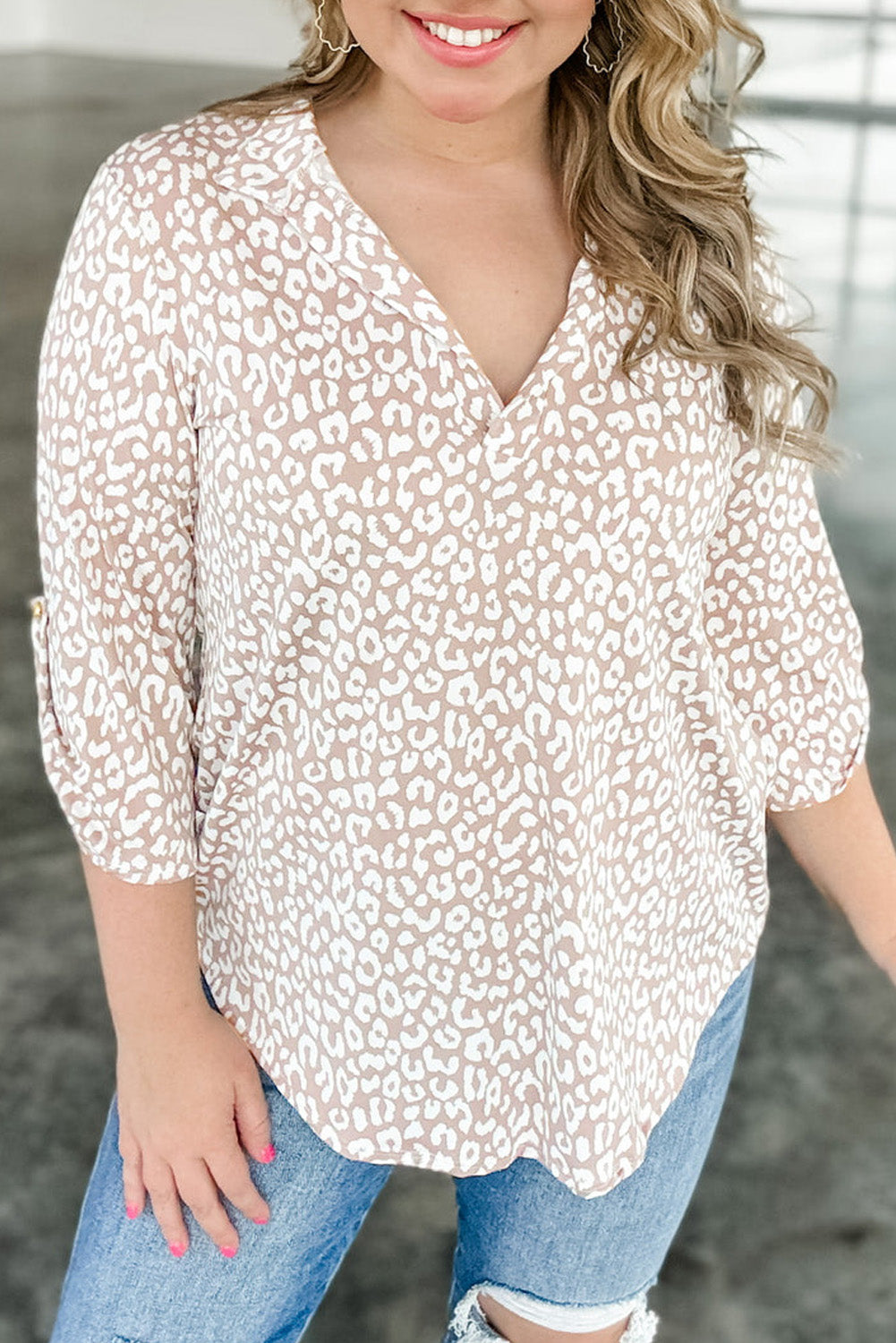 Apricot Leopard Tab Sleeve V Neck Plus Size Top