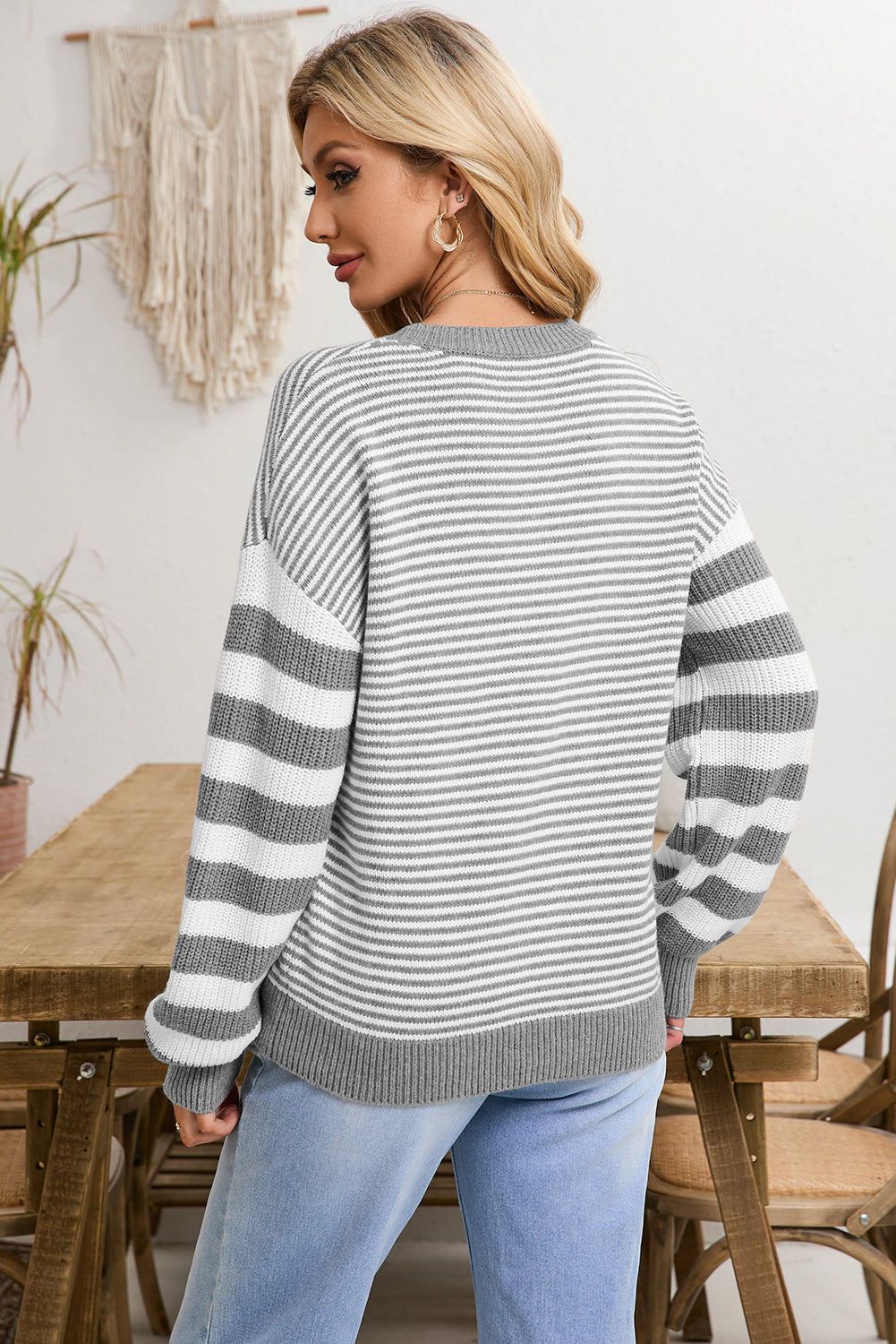 Stripe Twisted Knitted Drop Shoulder Sweater