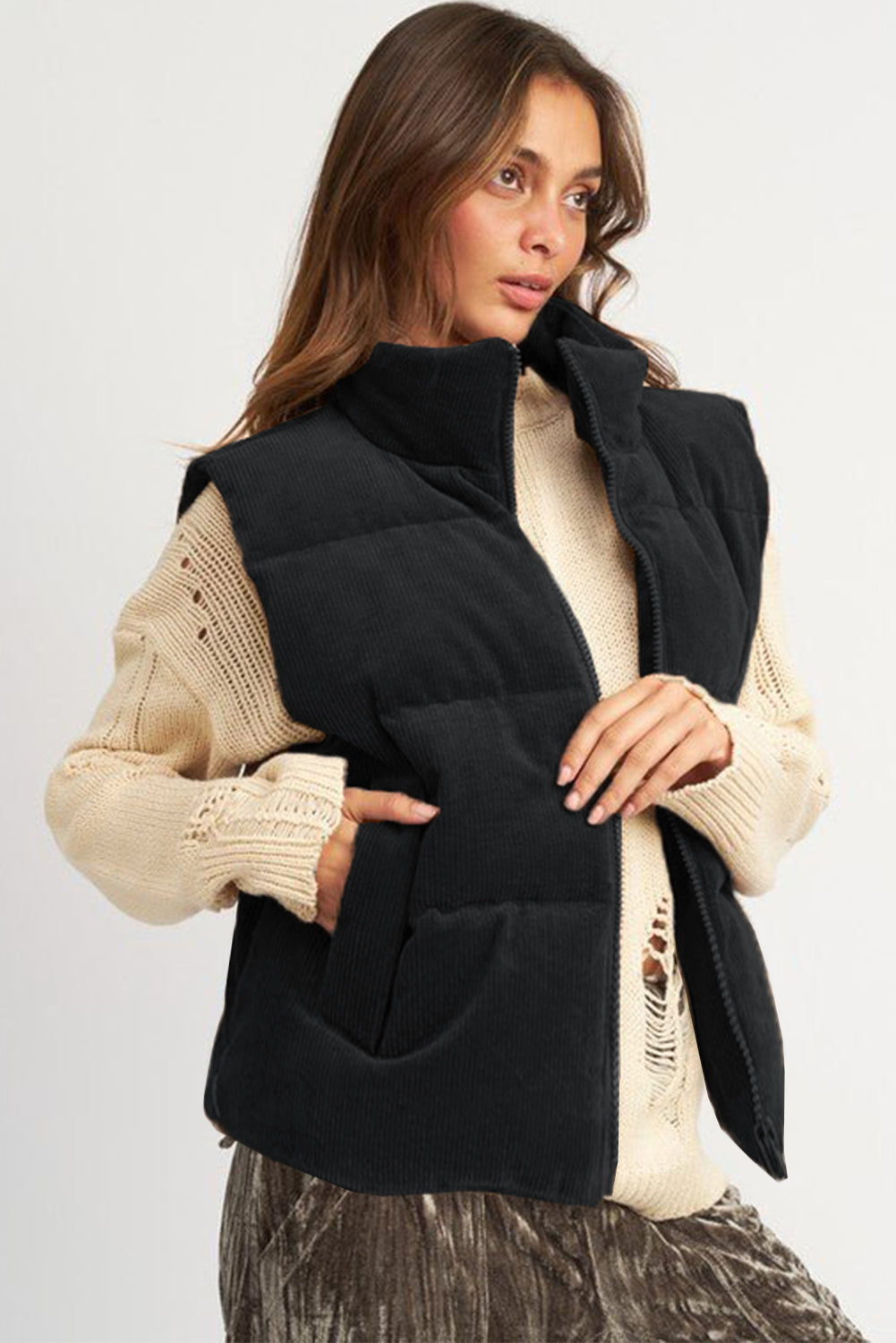 Black Solid Colour Corduroy Puffer Vest Coat