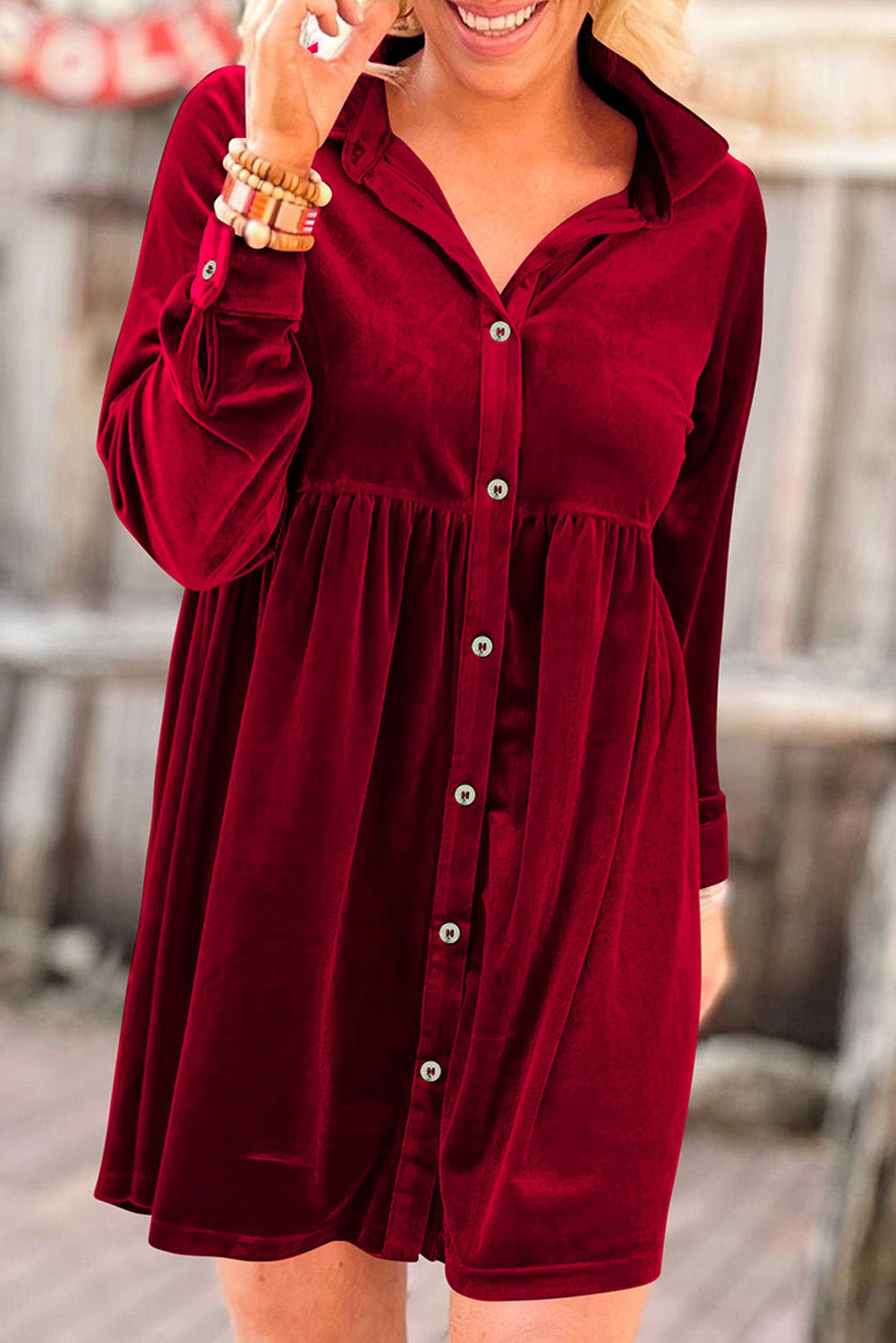 Long Sleeve Ruffle Velvet Button Up Shirt Dress