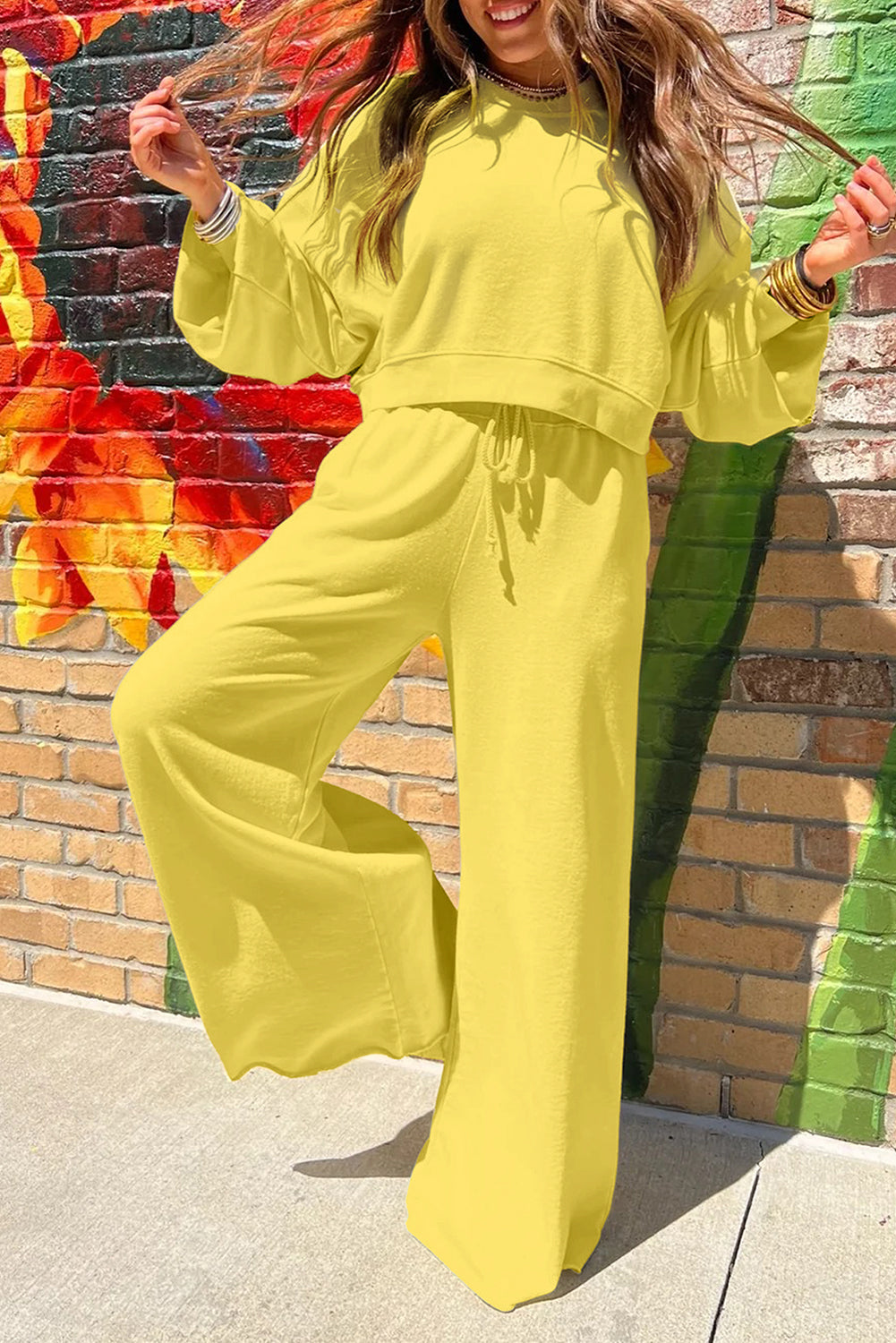 Drop Shoulder Crop Pullover Drawstring Wide Leg Trouser Set