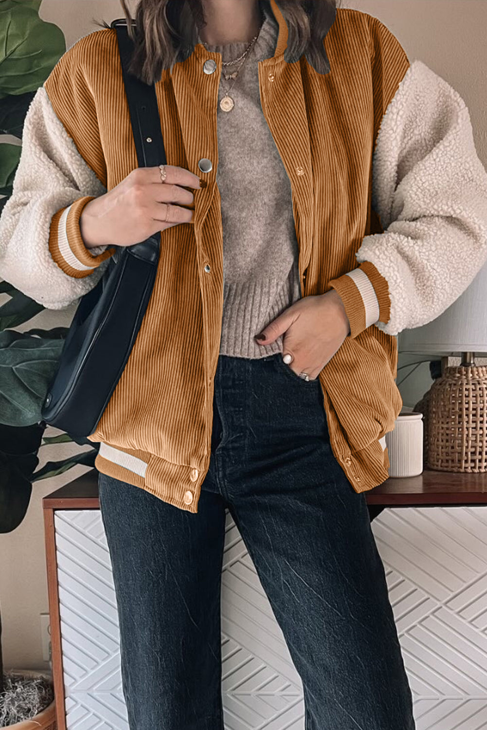 Corduroy Fleece Patchwork Buttoned Bomber Coat