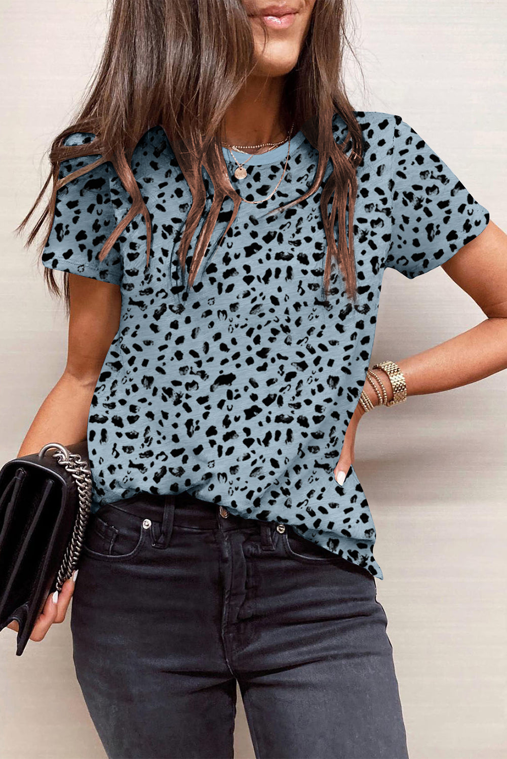 Cheetah Print Casual Short Sleeve Crew Neck T Shirt