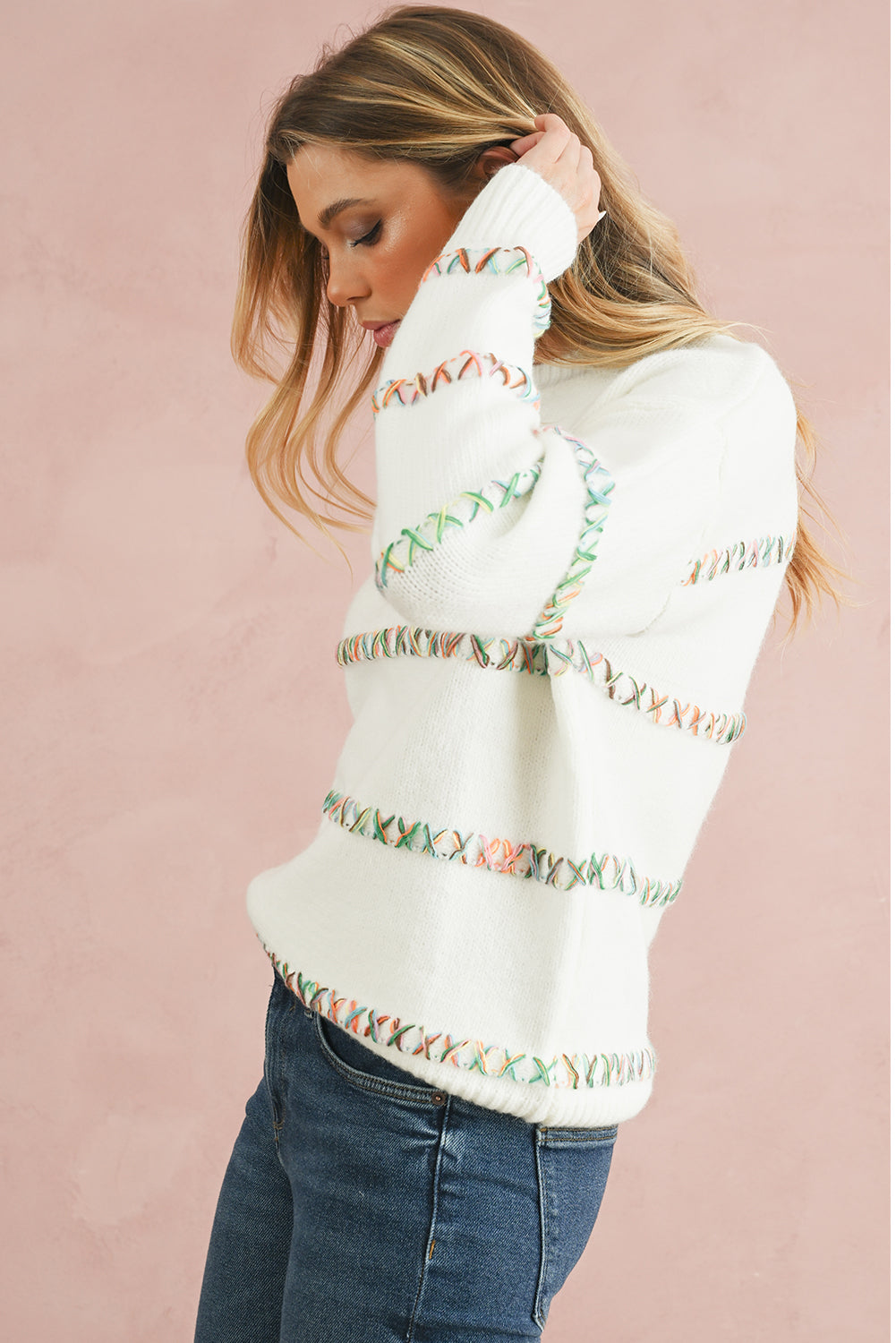 White Colourful Cross Stitch Drop Shoulder Sweater