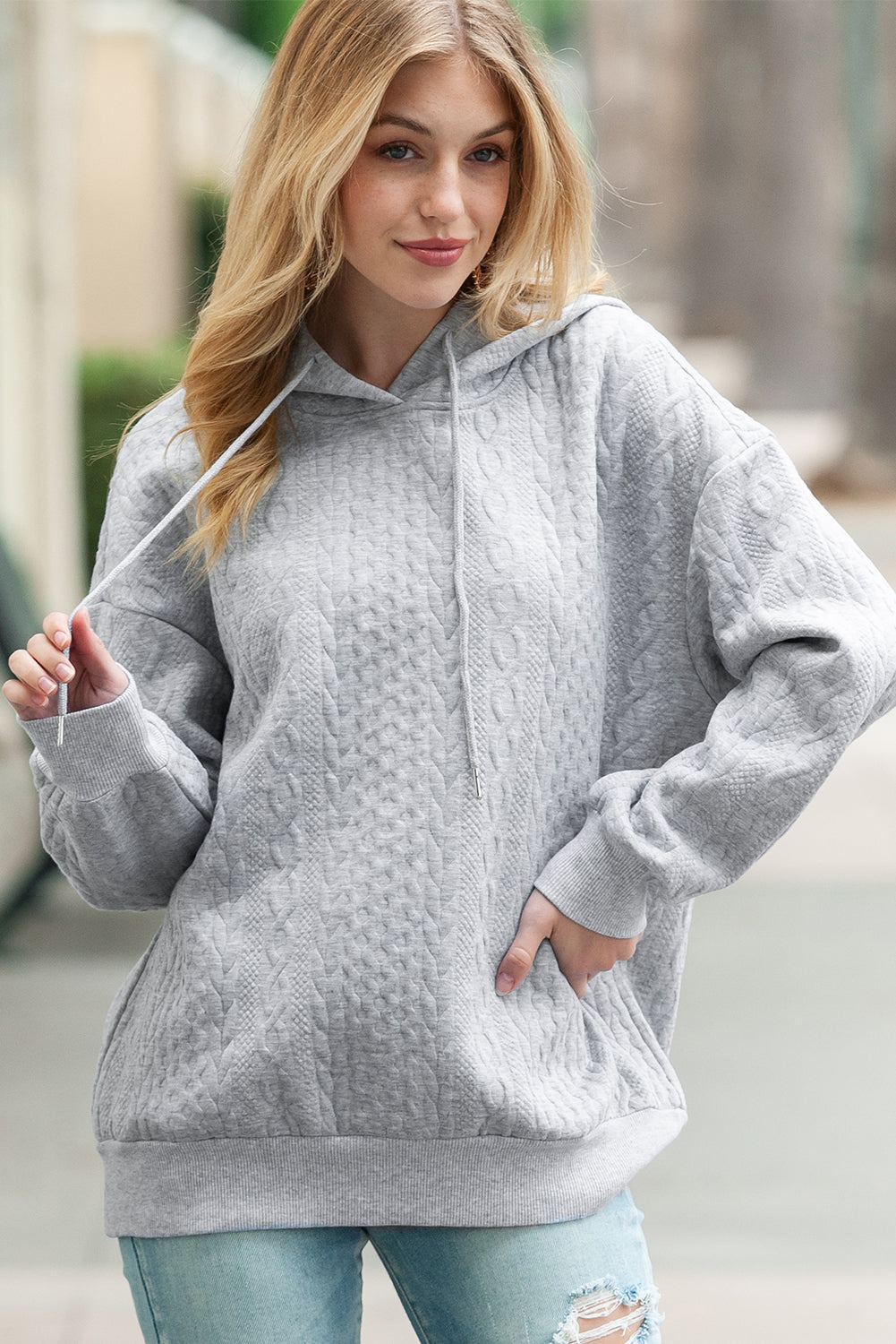 Grey Cable Textured Casual Drawstring Hoodie