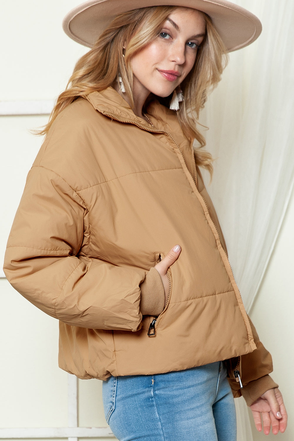 Solid Zip Up Pocketed Puffer Coat